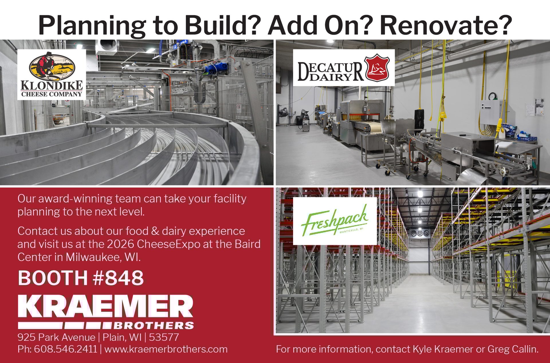 Ad for Kraemer Brothers, offering facility planning for food & dairy, showcasing various industrial facilities.