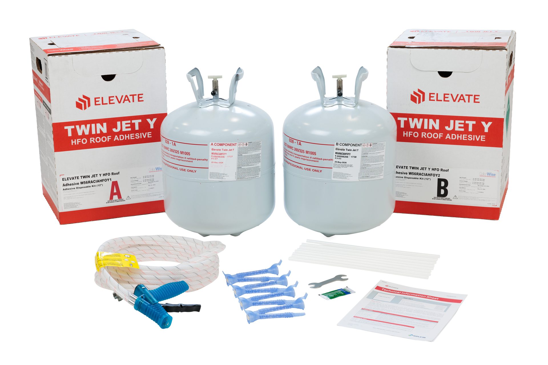 Elevate Twin Jet Y HFO Roof Adhesive kit (A & B) with tanks, boxes, hose, and nozzles.