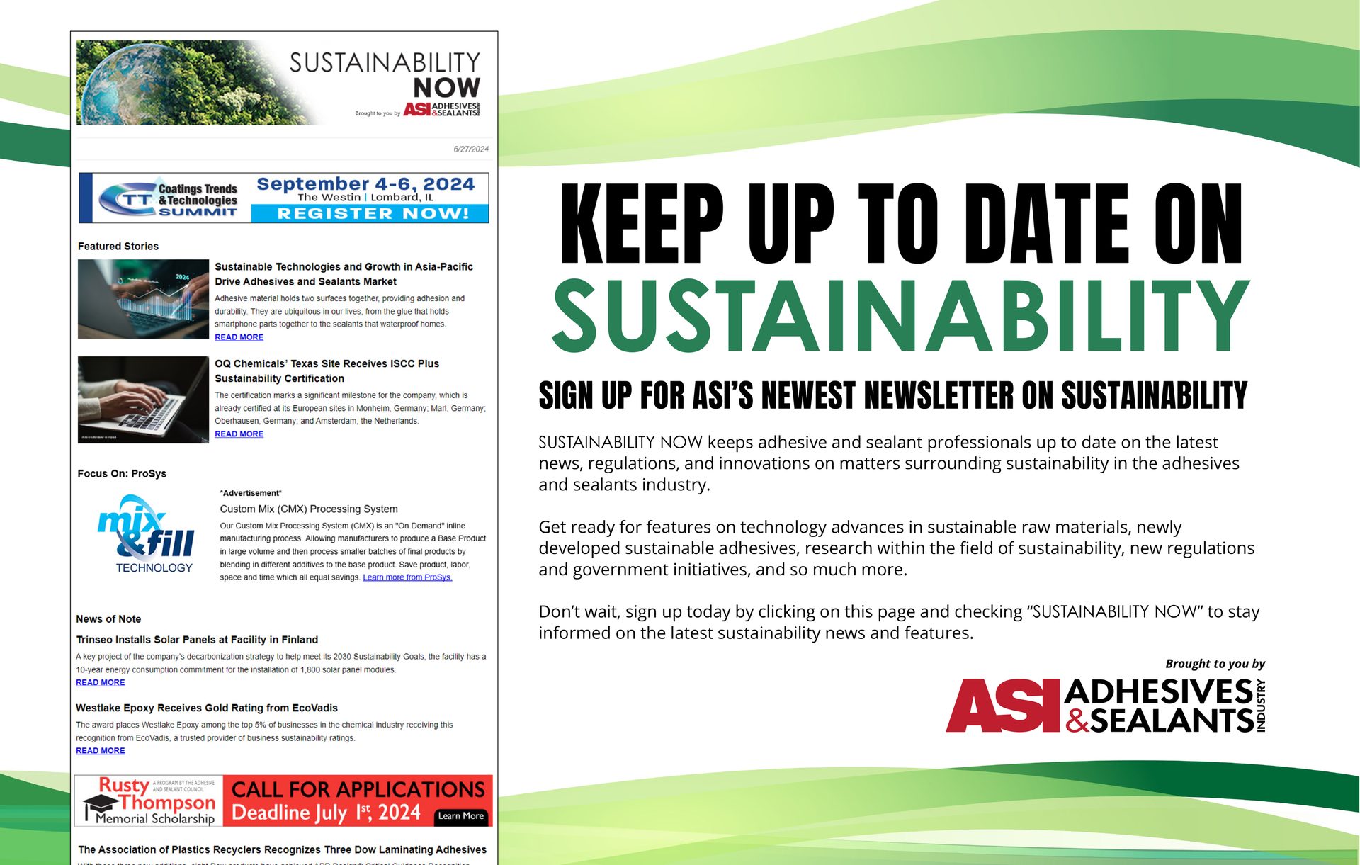 ASI Adhesives & Sealants 'Sustainability Now' newsletter with industry news and events.