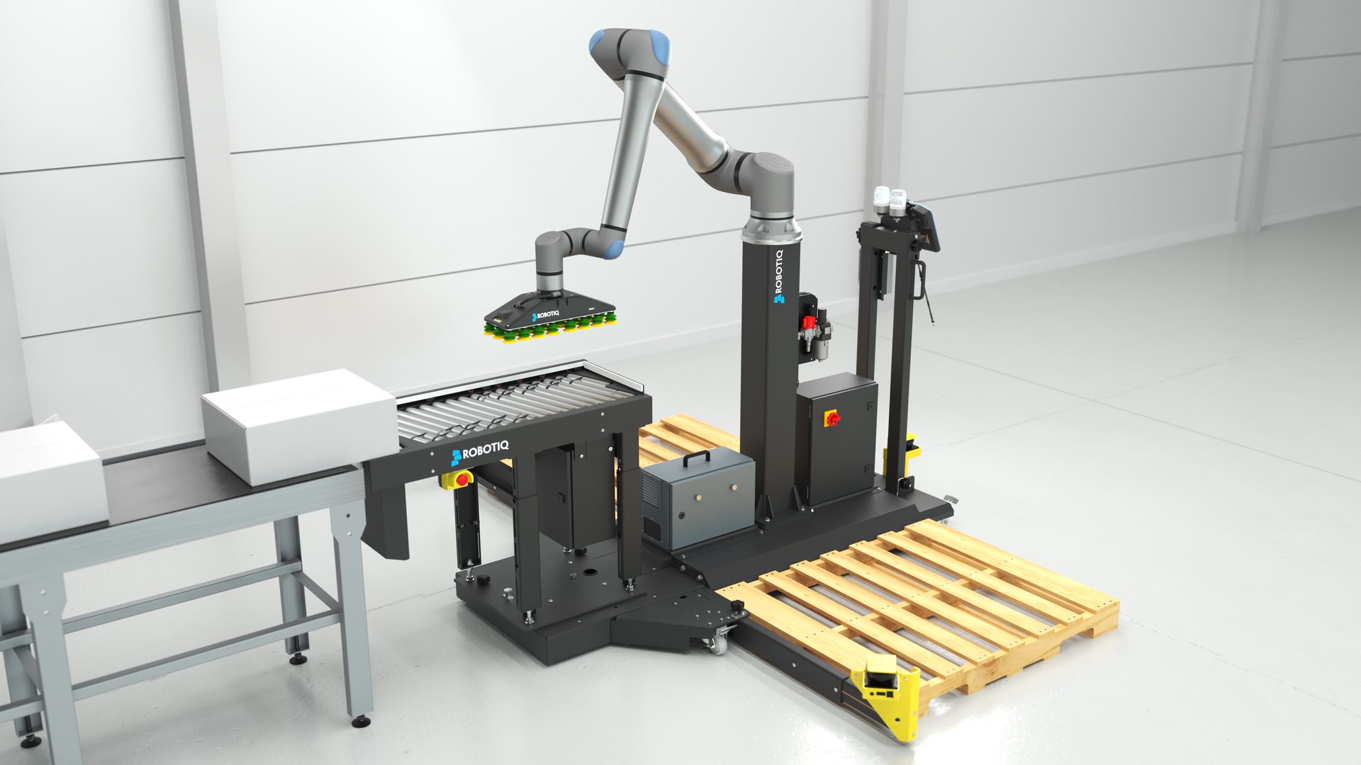 Robotiq palletizing robot moves boxes from conveyor to a wooden pallet.
