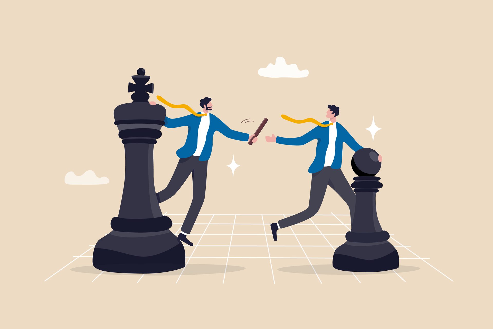 Two businessmen on a chessboard: one at a king, one at a pawn, in a strategic baton pass.