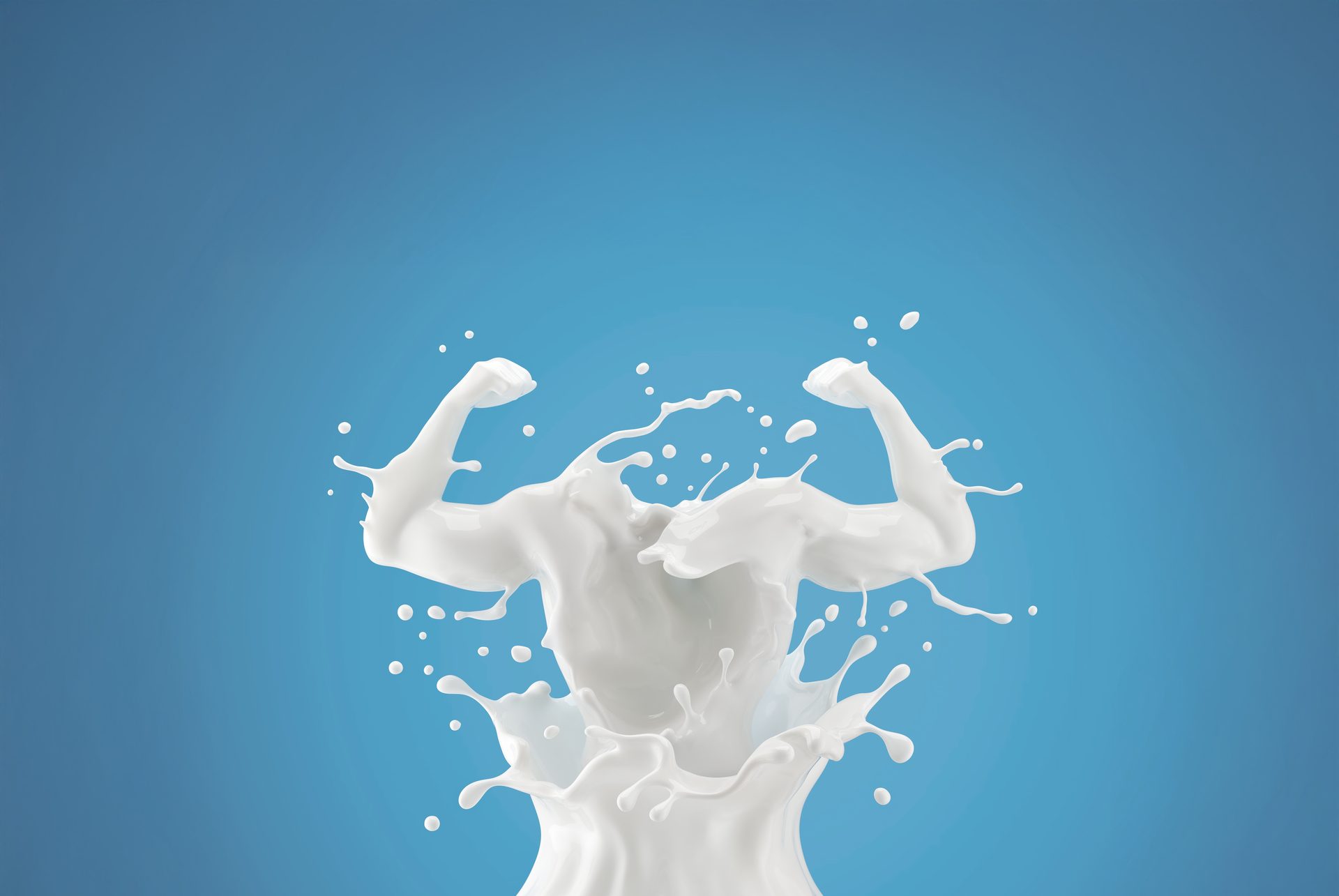 Milk splash forming a muscular torso with flexed arms, symbolizing strength and health, against a blue background.