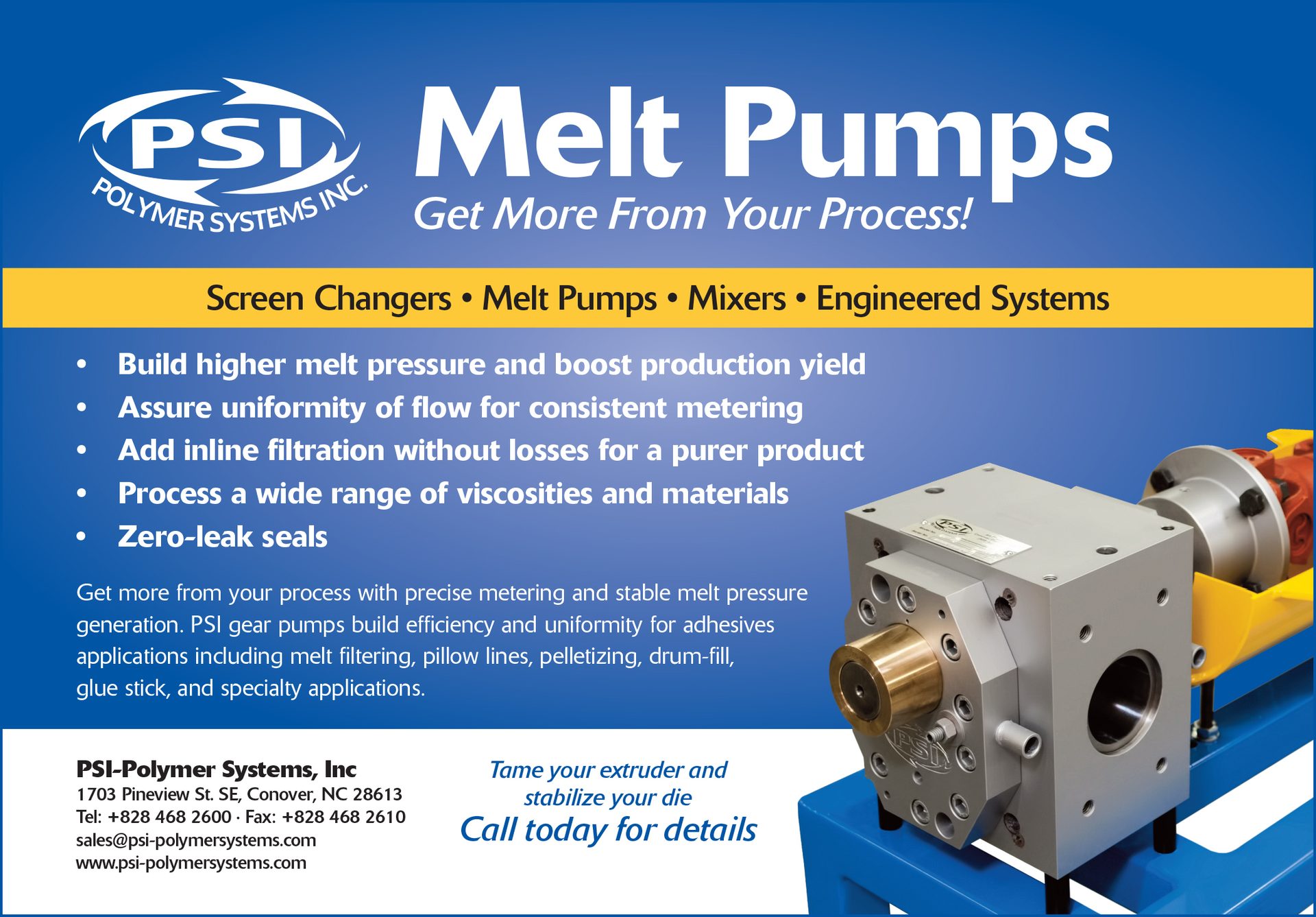Advertisement for PSI Melt Pumps, showcasing their features, benefits, and contact information with an image of the pump.
