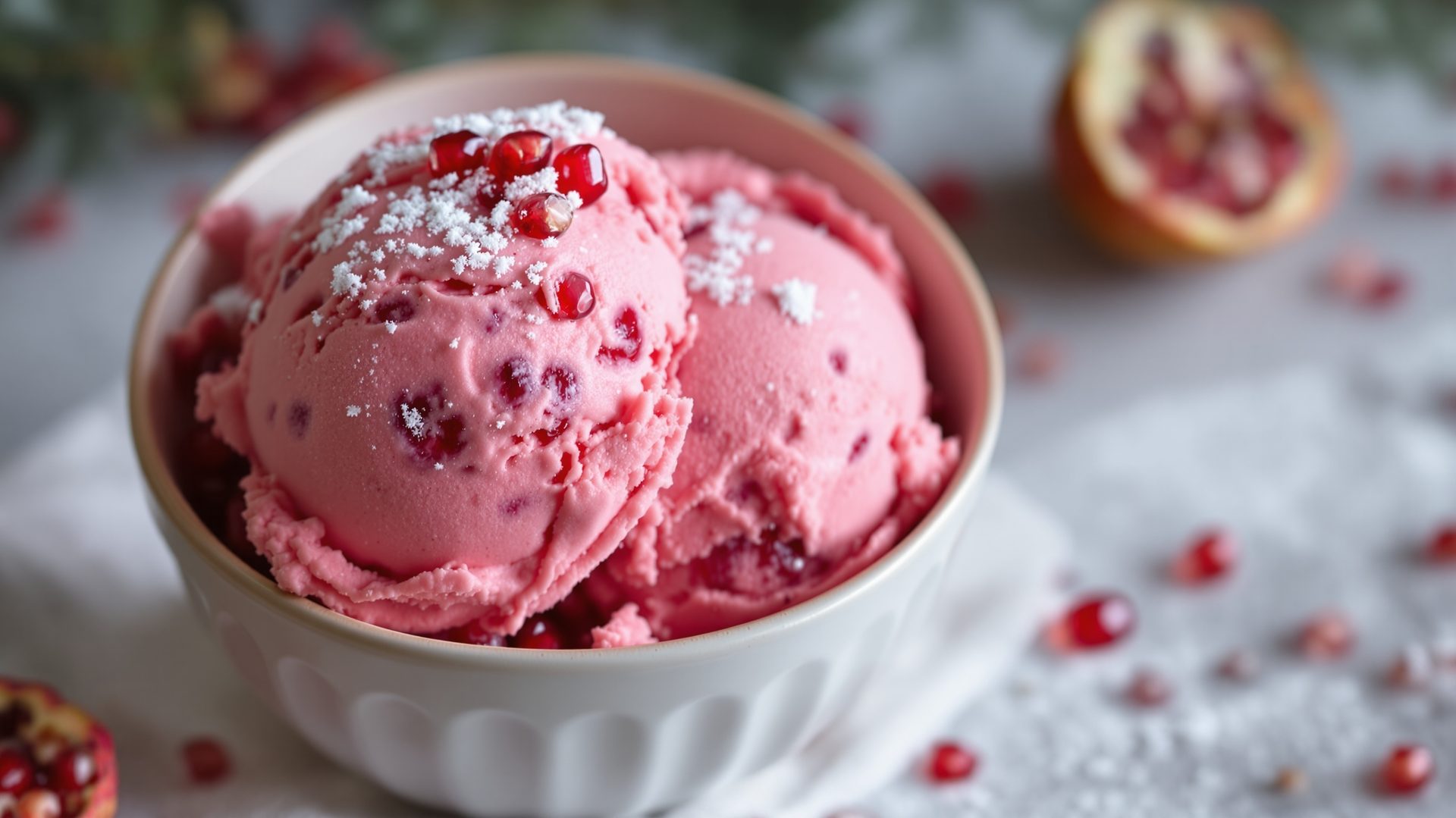 Two scoops of pink pomegranate ice cream with powdered sugar in a bowl.