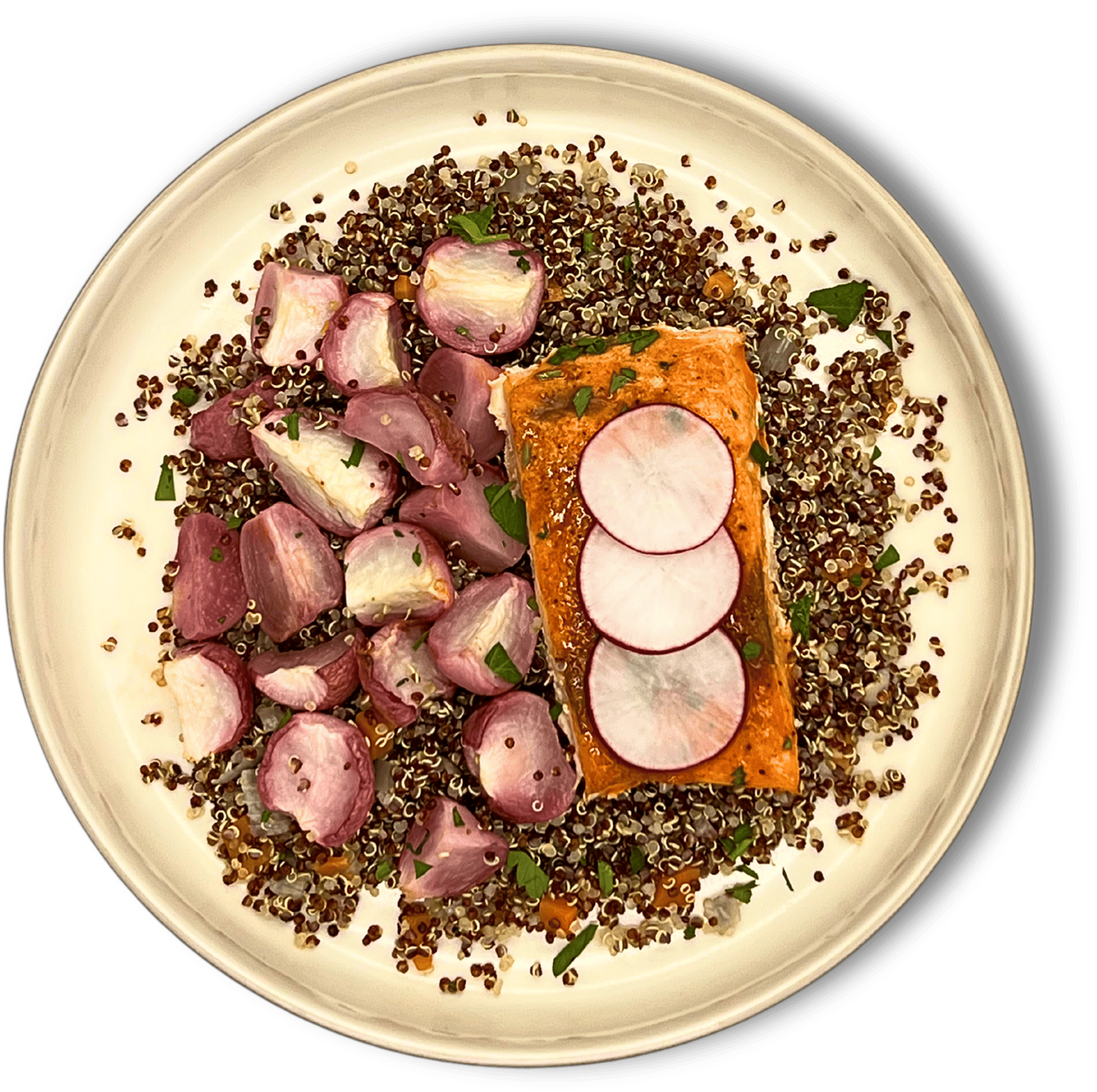 A salmon fillet topped with radish slices, served on a bed of quinoa with roasted radishes.