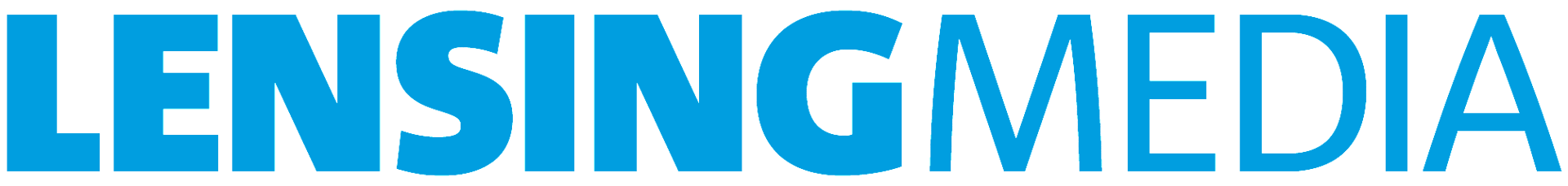 The text "LENSINGMEDIA" in bold blue letters against a dark green background.