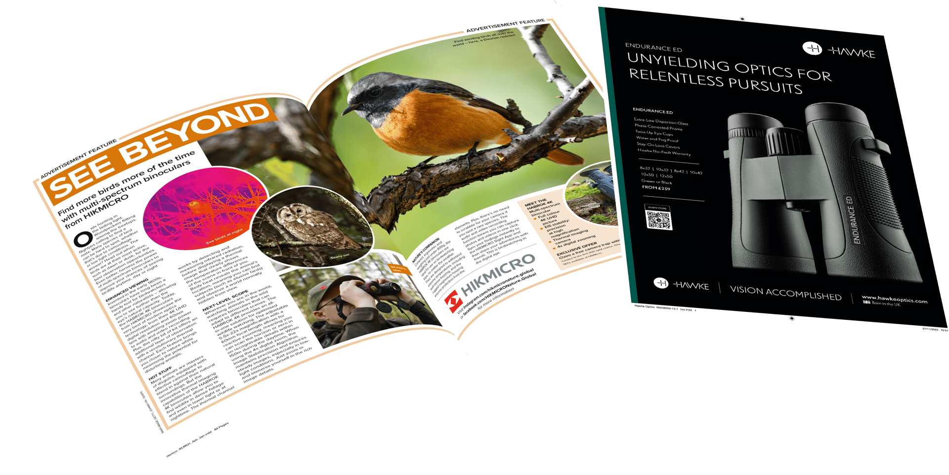 Open magazine spread with ads for HIKMICRO multi-spectrum and Hawke Endurance ED binoculars.