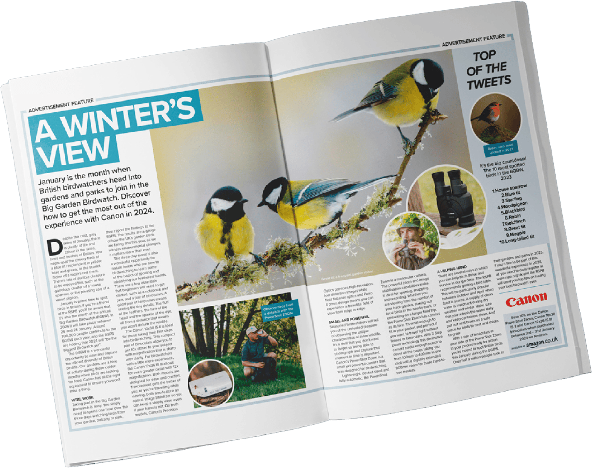 Magazine spread: Canon birdwatching ad with birds, binoculars, camera, and 'Top of the Tweets'.