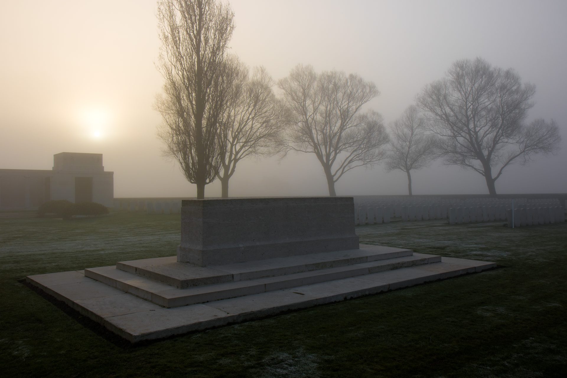 Natural landscape, Atmospheric phenomenon, Sky, Atmosphere, Fog, Tree, Cemetery, Grey, Grass, Grave