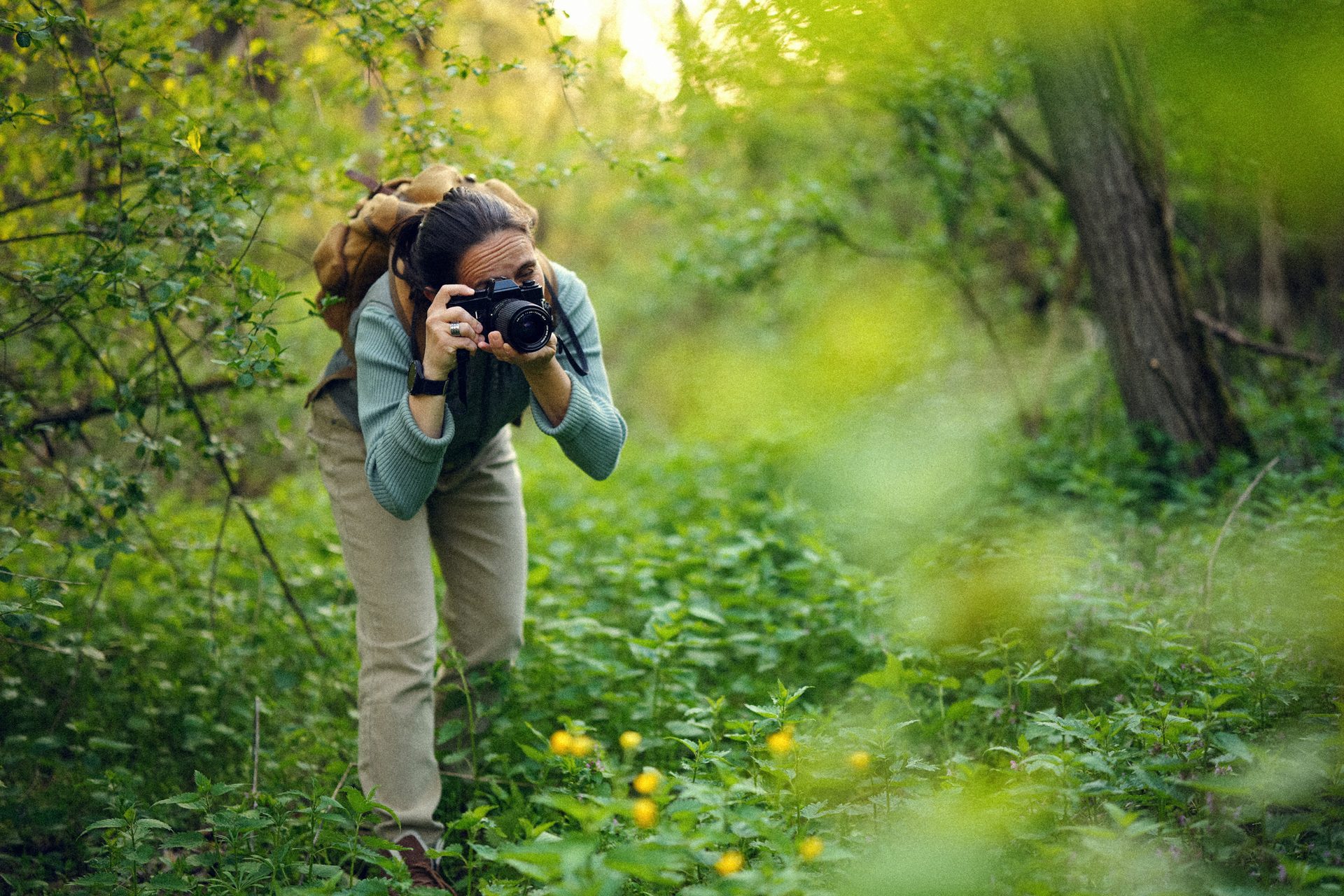 A woman with a camera takes a photo in a lush, sunlit green forest.