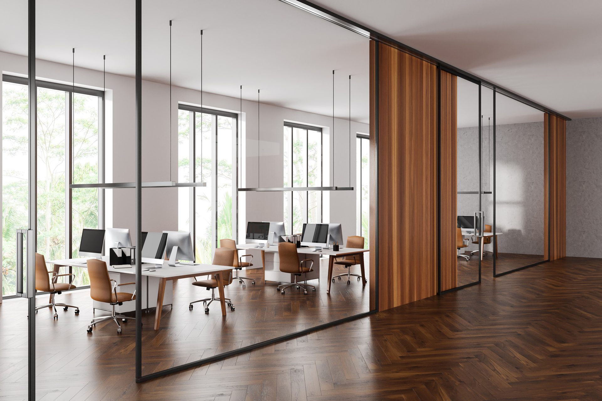 Interior design, Wood flooring, Furniture, Floor, Table, Ceiling, Chair, Desk