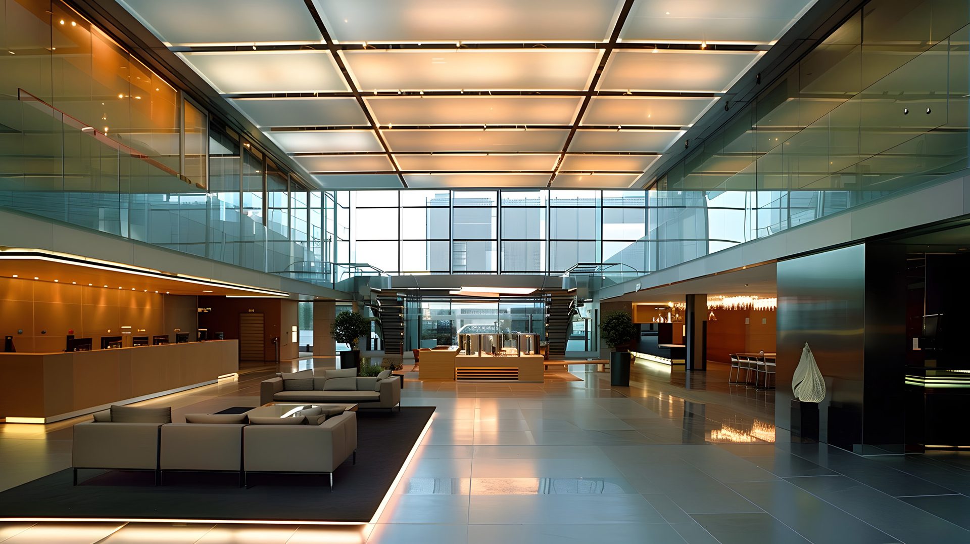 Interior design, Composite material, Commercial building, Ceiling, Flooring, Floor, Lighting, Glass, Architecture, Lobby