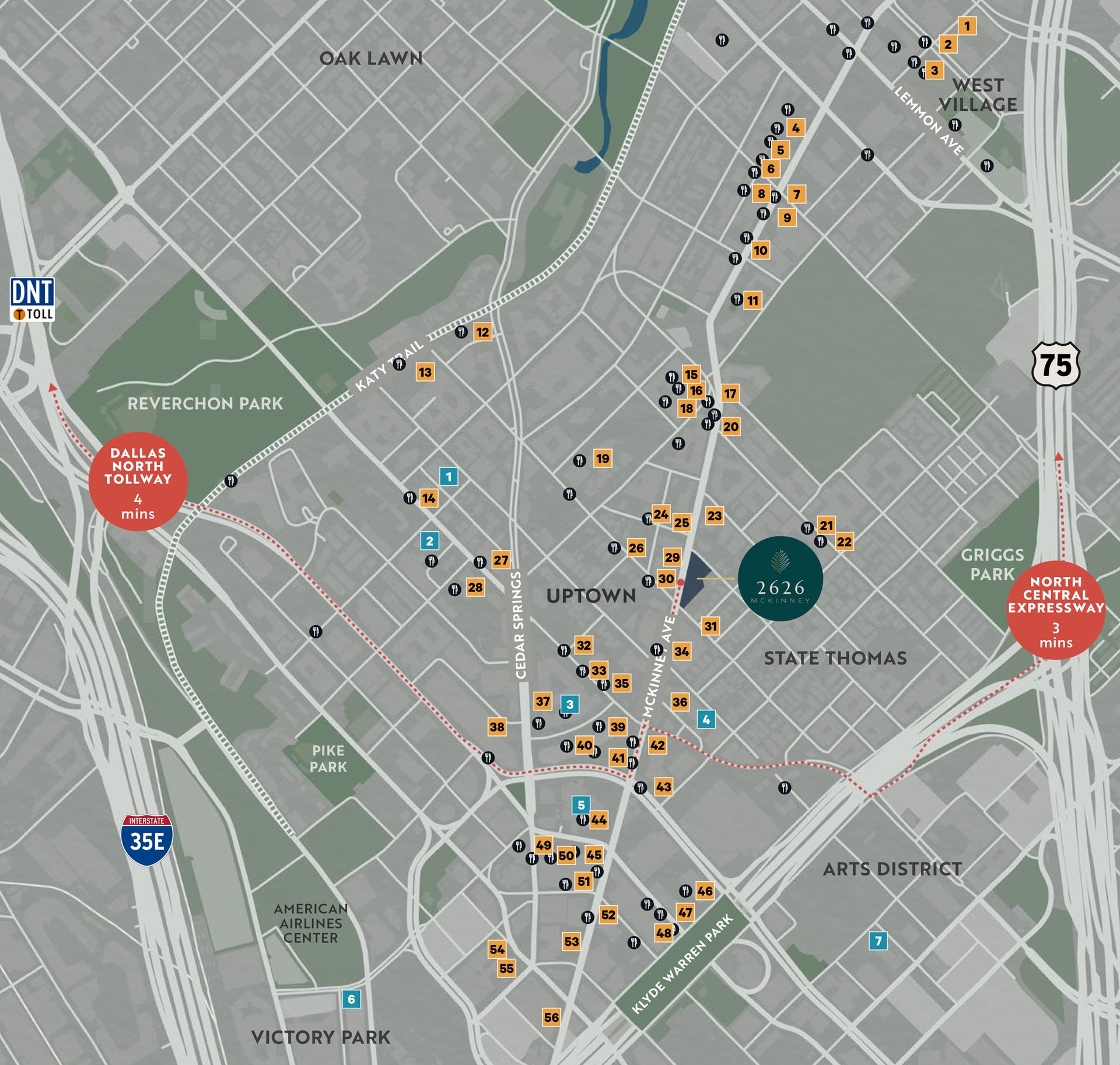 Map of Dallas Uptown and State Thomas, highlighting amenities and transit around 2626 McKinney.