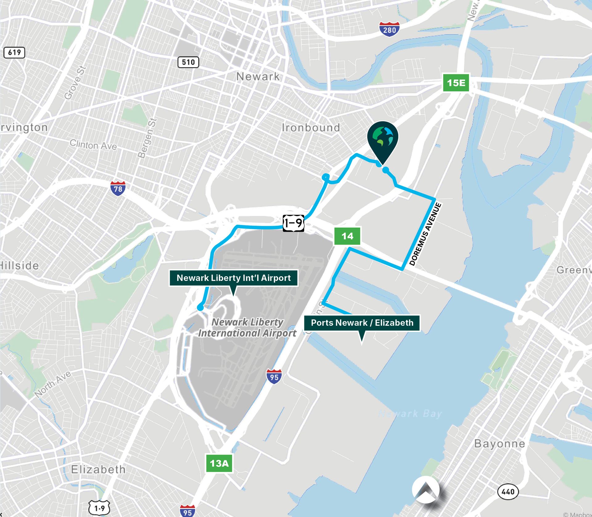 Map showing a route from Newark Liberty International Airport to Ports Newark/Elizabeth, passing Ironbound.