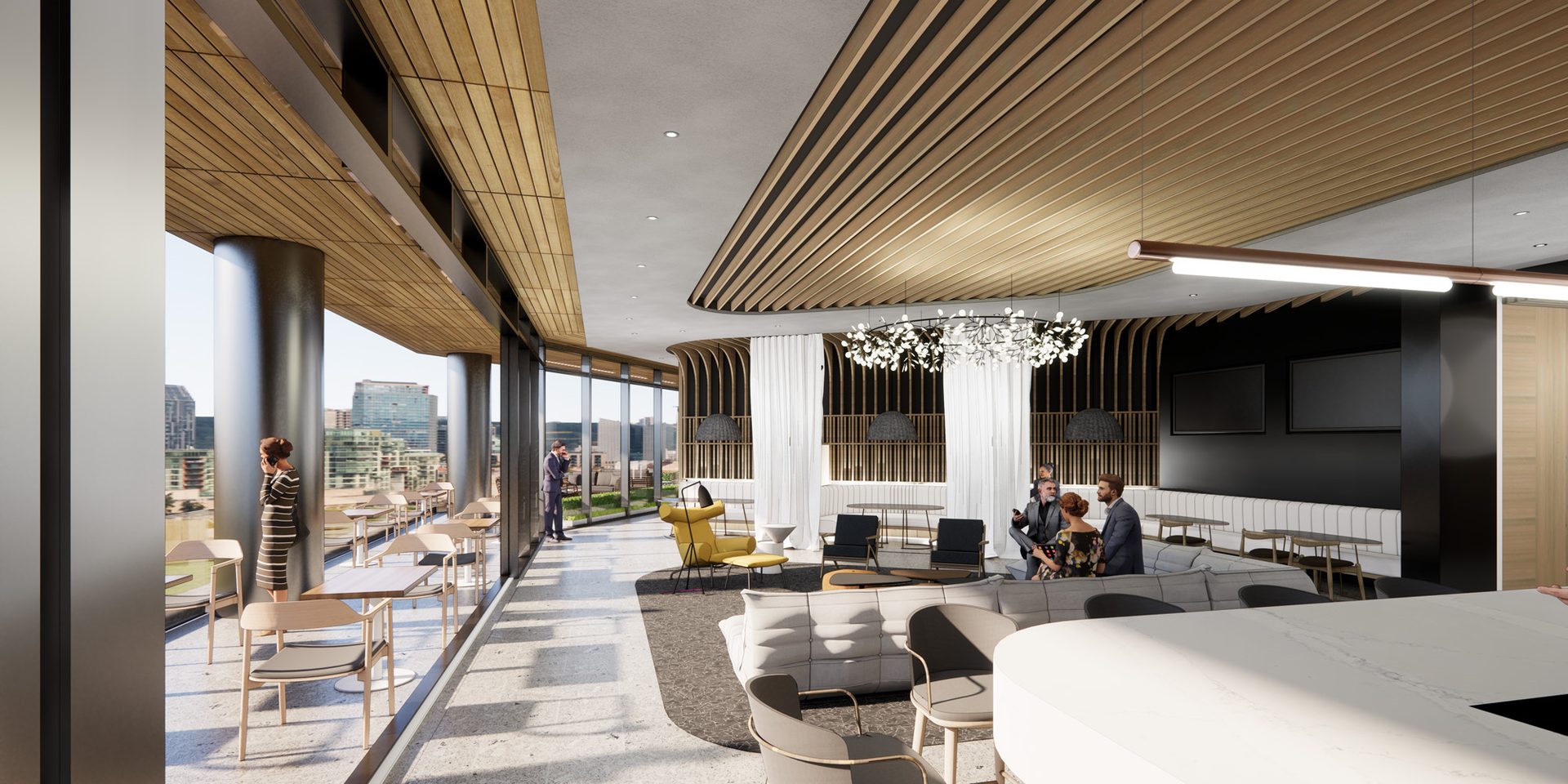 Modern lounge with city view, sleek wooden ceiling, various seating, and people mingling.