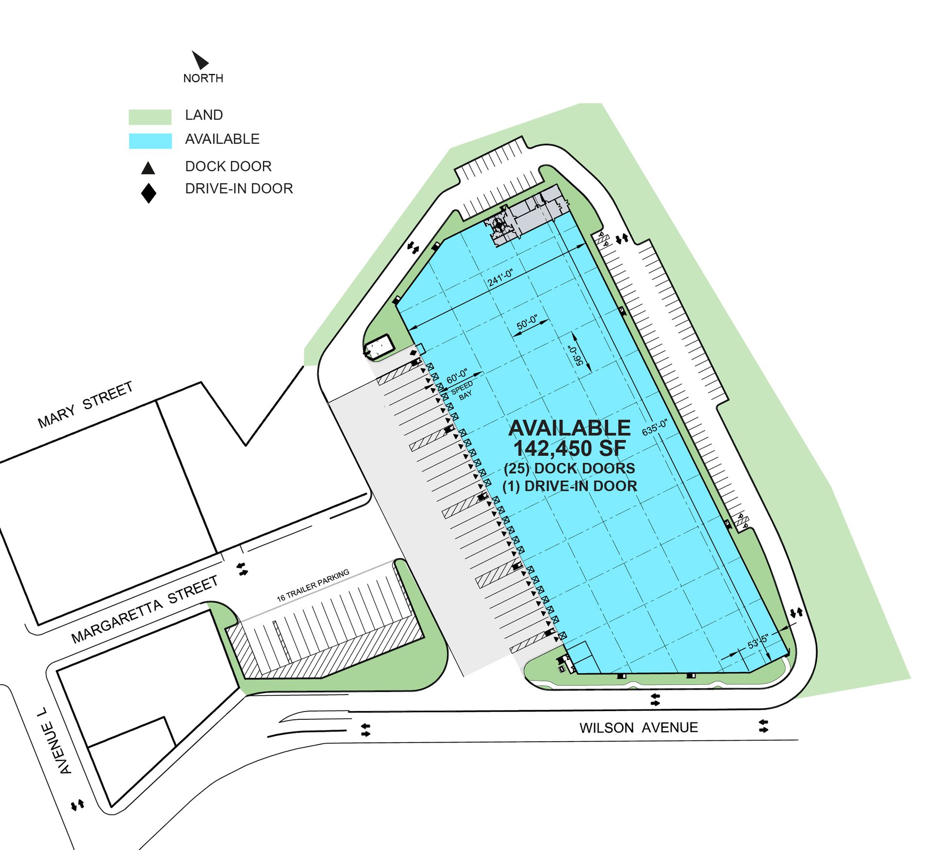 Site plan of an available 142,450 SF warehouse featuring 25 dock doors and 1 drive-in door, detailing surrounding streets.