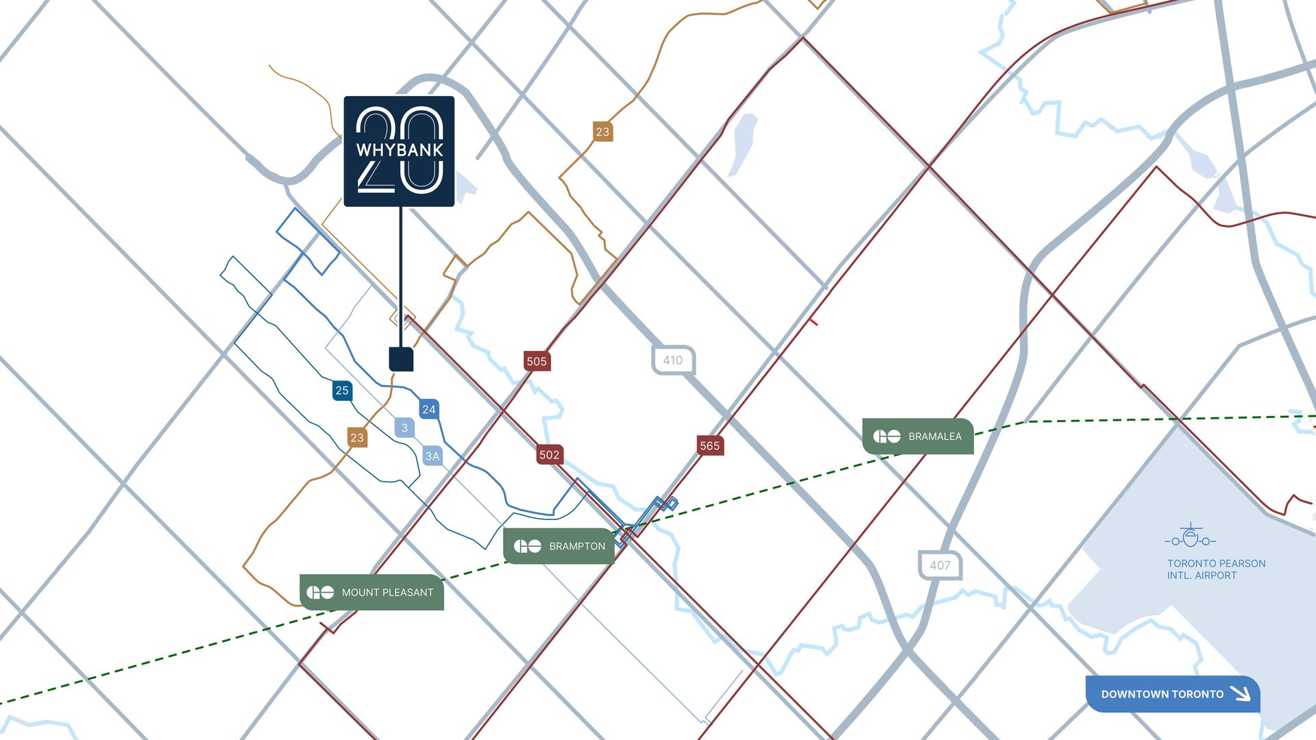 A map illustrating the location of Whybank 20, highlighting transit routes and proximity to Pearson Airport.