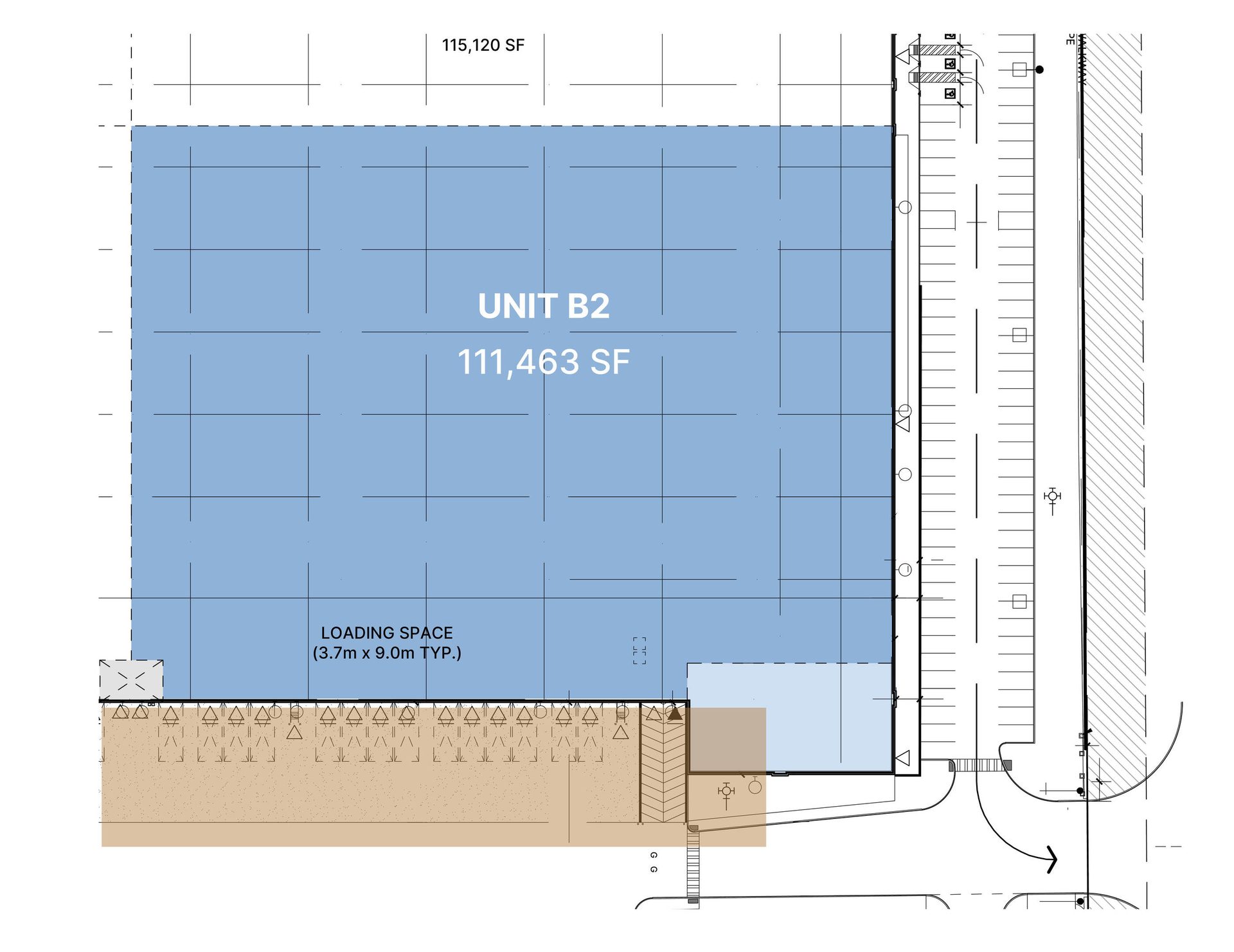 A floor plan highlighting Unit B2 (111,463 SF) in blue, with loading space and a parking area.