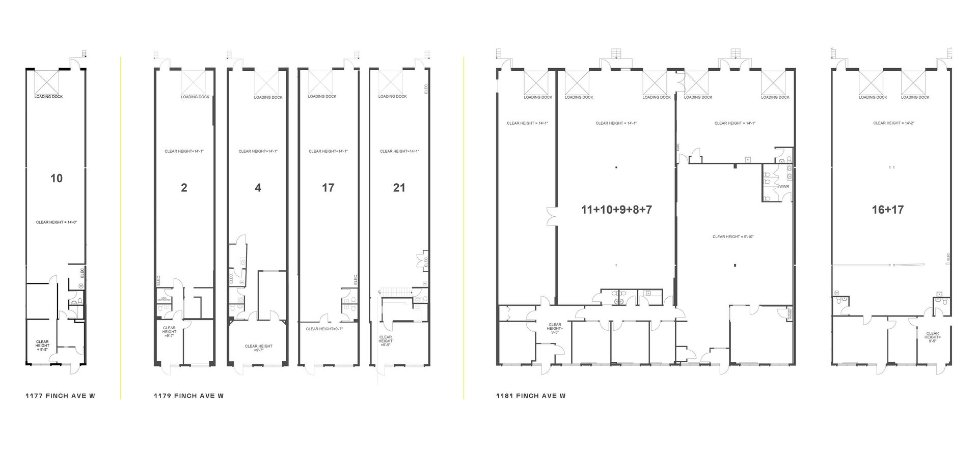 Floor plans for multiple commercial units with loading docks and clear heights at 1177, 1179, and 1181 Finch Ave W.