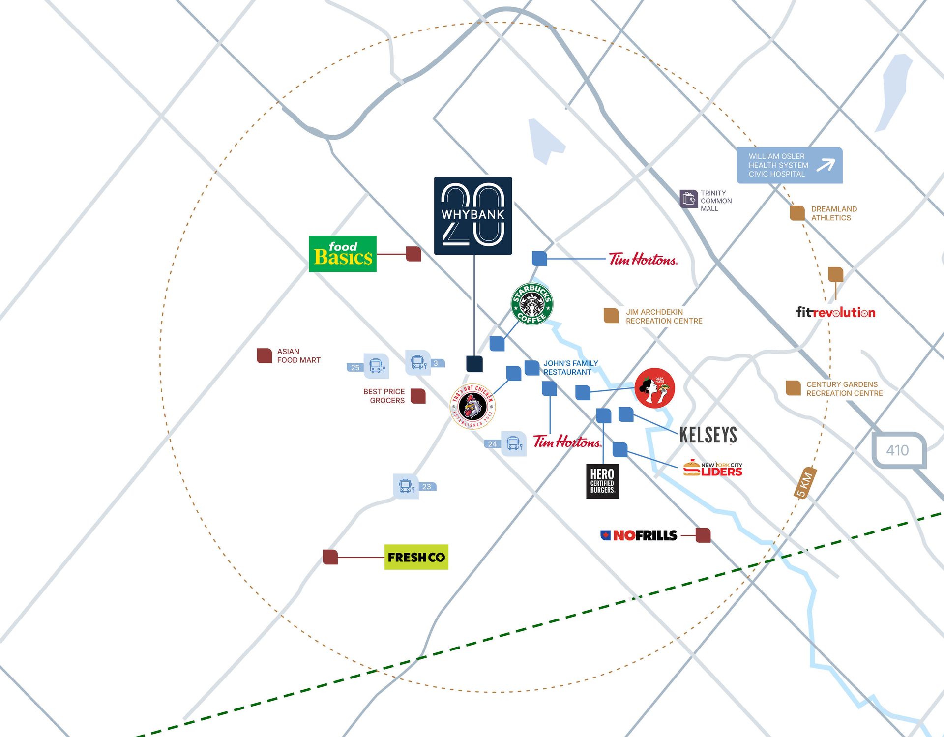 Map of Whybank 20 and surrounding amenities, including retailers, restaurants, and recreation centers.