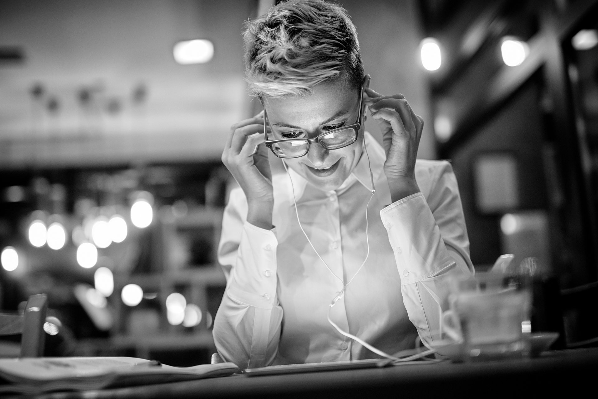 Vision care, Flash photography, Glasses, Photograph, Smile, Black-and-white, Style, Happy, Eyewear