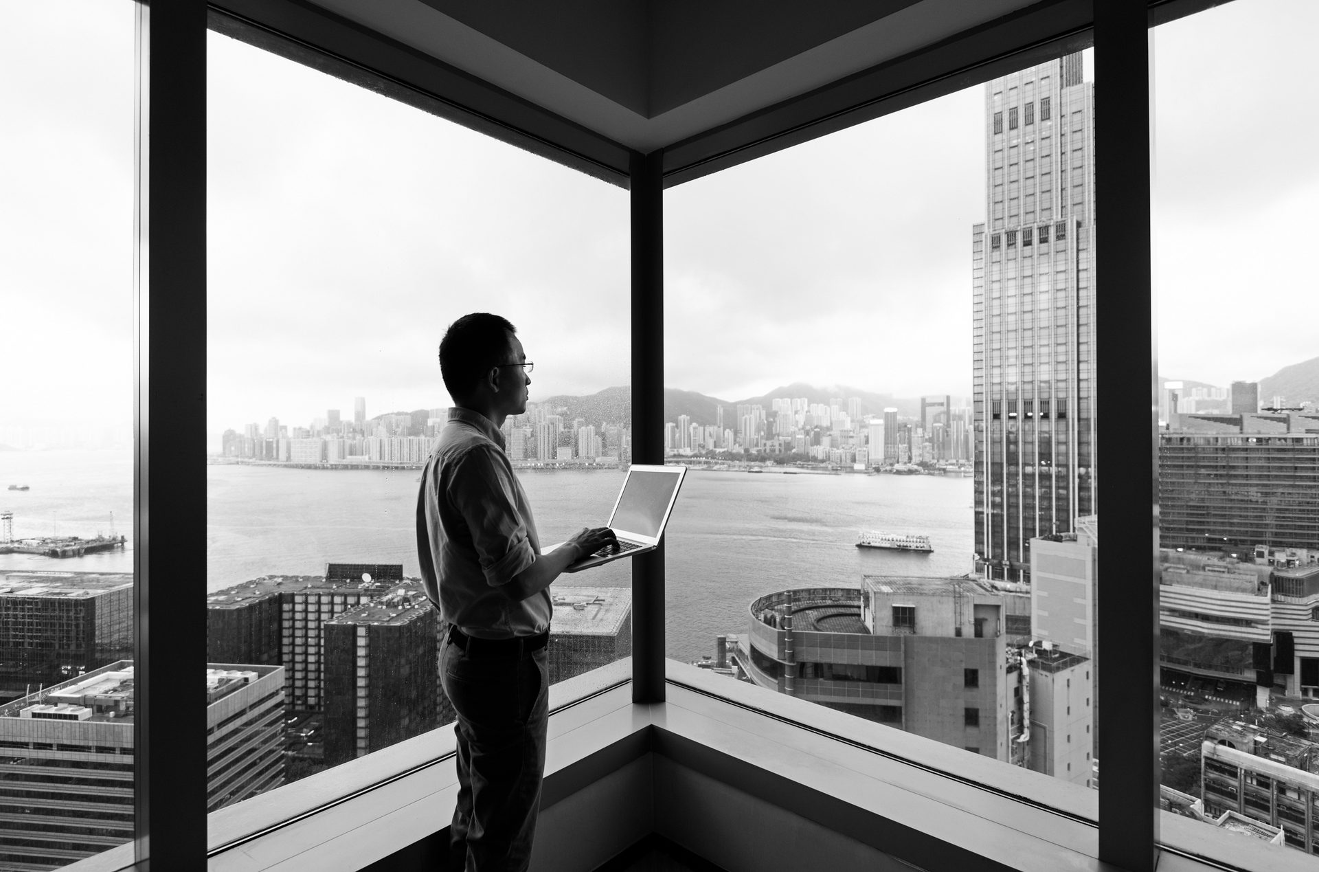 Body of water, Interior design, Sky, Building, Daytime, Window, Black, Standing, Black-and-white