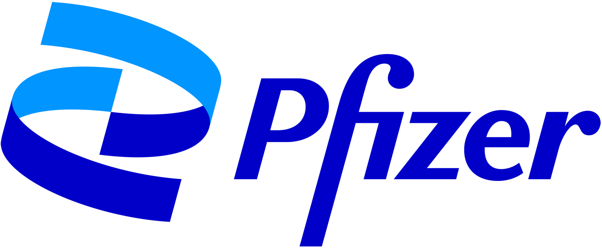 Pfizer company logo featuring a blue ribbon-like graphic and "Pfizer" text on a dark green background.