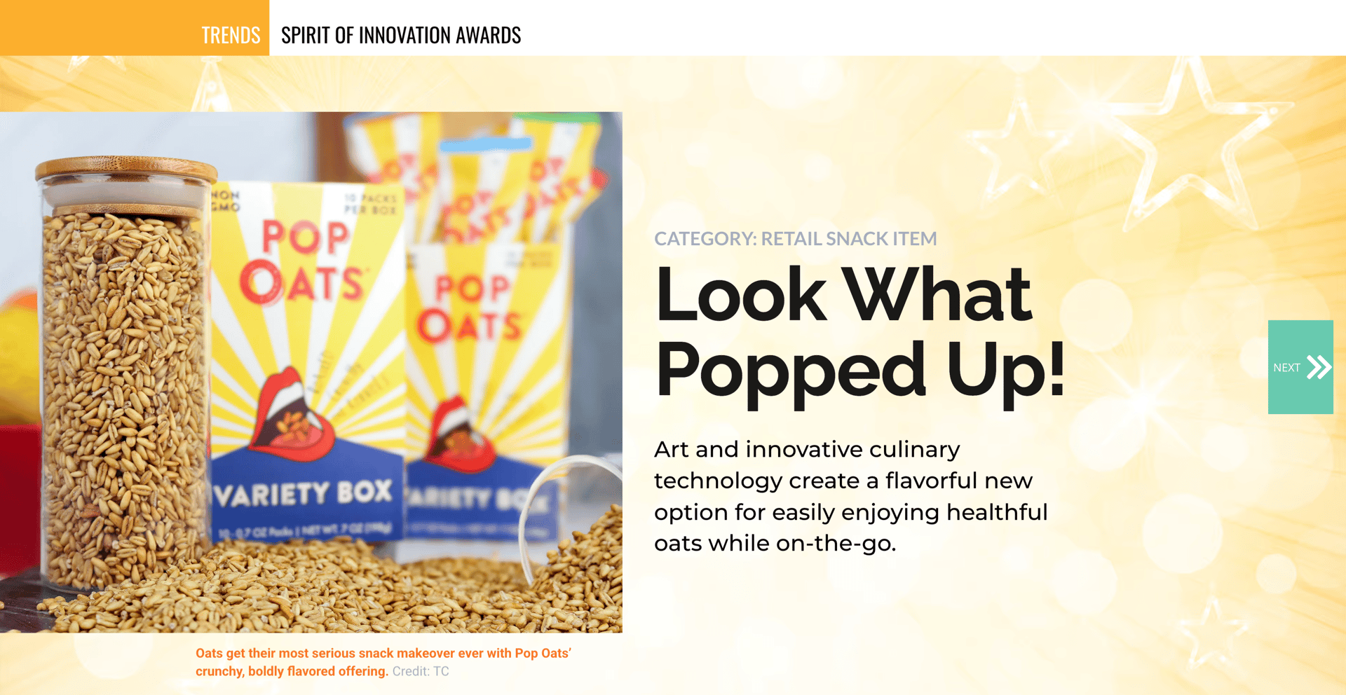 Pop Oats snack boxes and raw oats, highlighting innovative, healthy, on-the-go options.