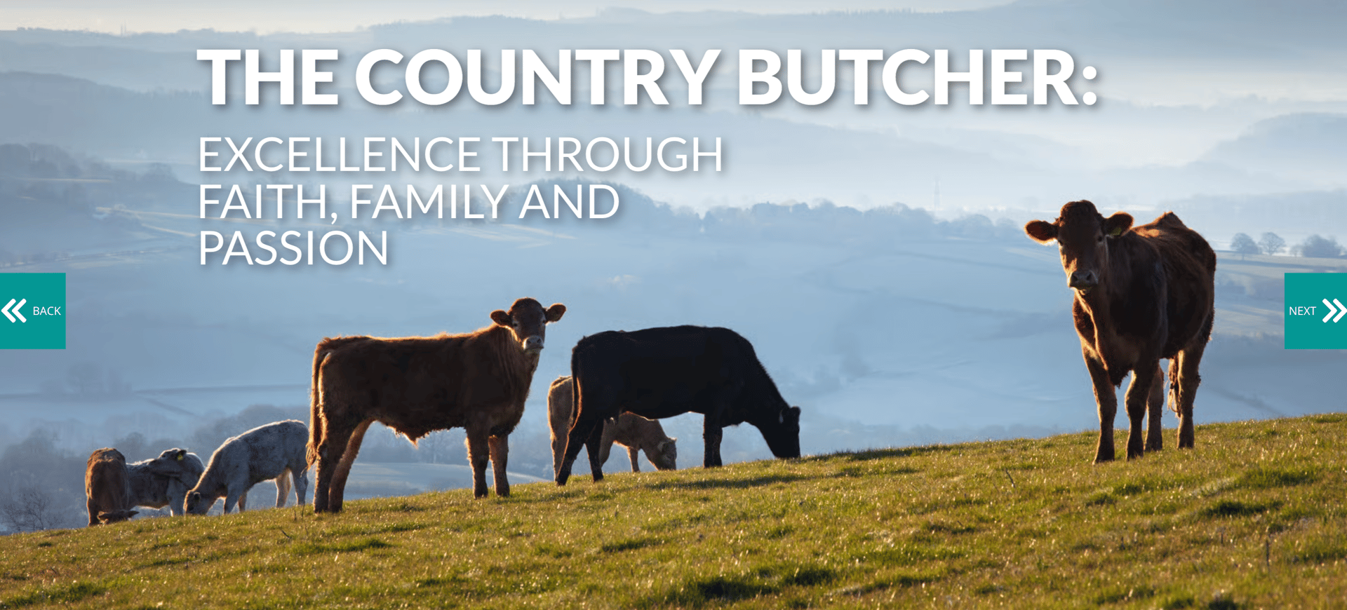 Cows graze on a sunlit grassy hill with misty valleys. Text: The Country Butcher.