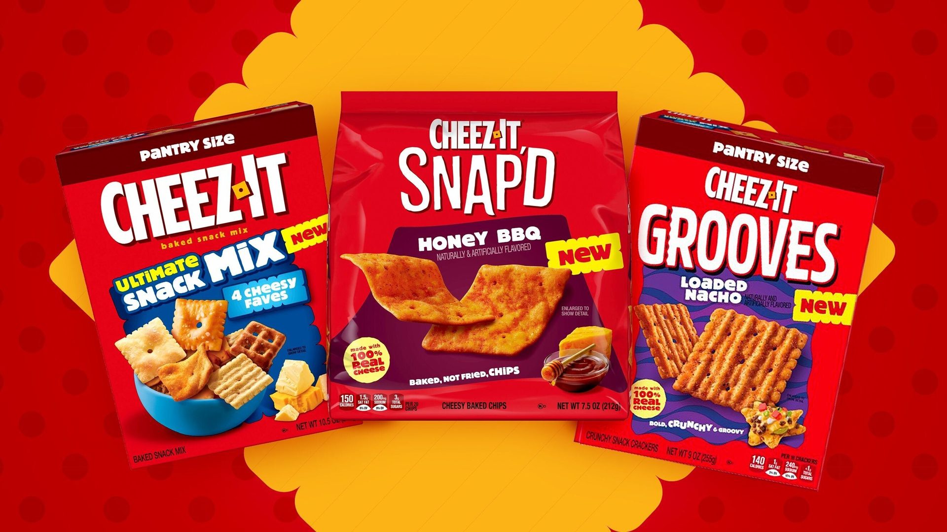 Three Cheez-It products: Ultimate Snack Mix, Snap'd Honey BBQ, and Grooves Loaded Nacho, on a red and yellow background.