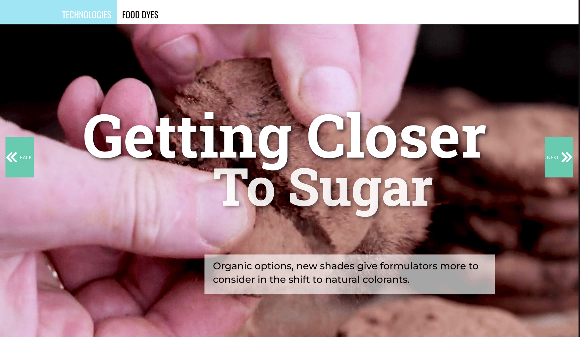 Hands hold brown food, with title "Getting Closer To Sugar" and text on natural colorants.