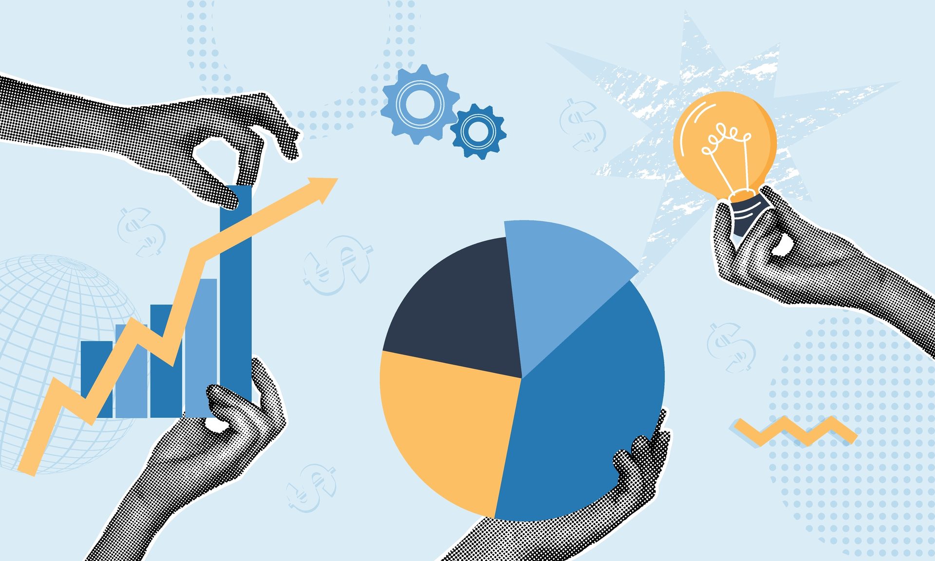 Stylized hands interact with business graphics: growing bar chart, pie chart, and a lightbulb idea.