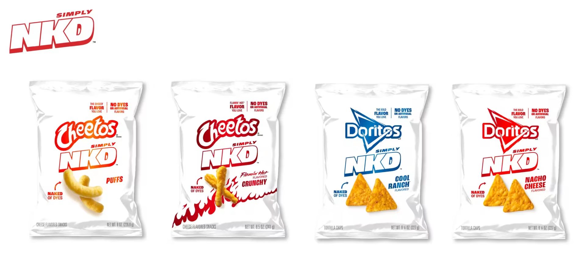 Collection of four "Simply NKD" chip bags: Cheetos Puffs, Flamin' Hot, and Doritos Cool Ranch, Nacho Cheese.