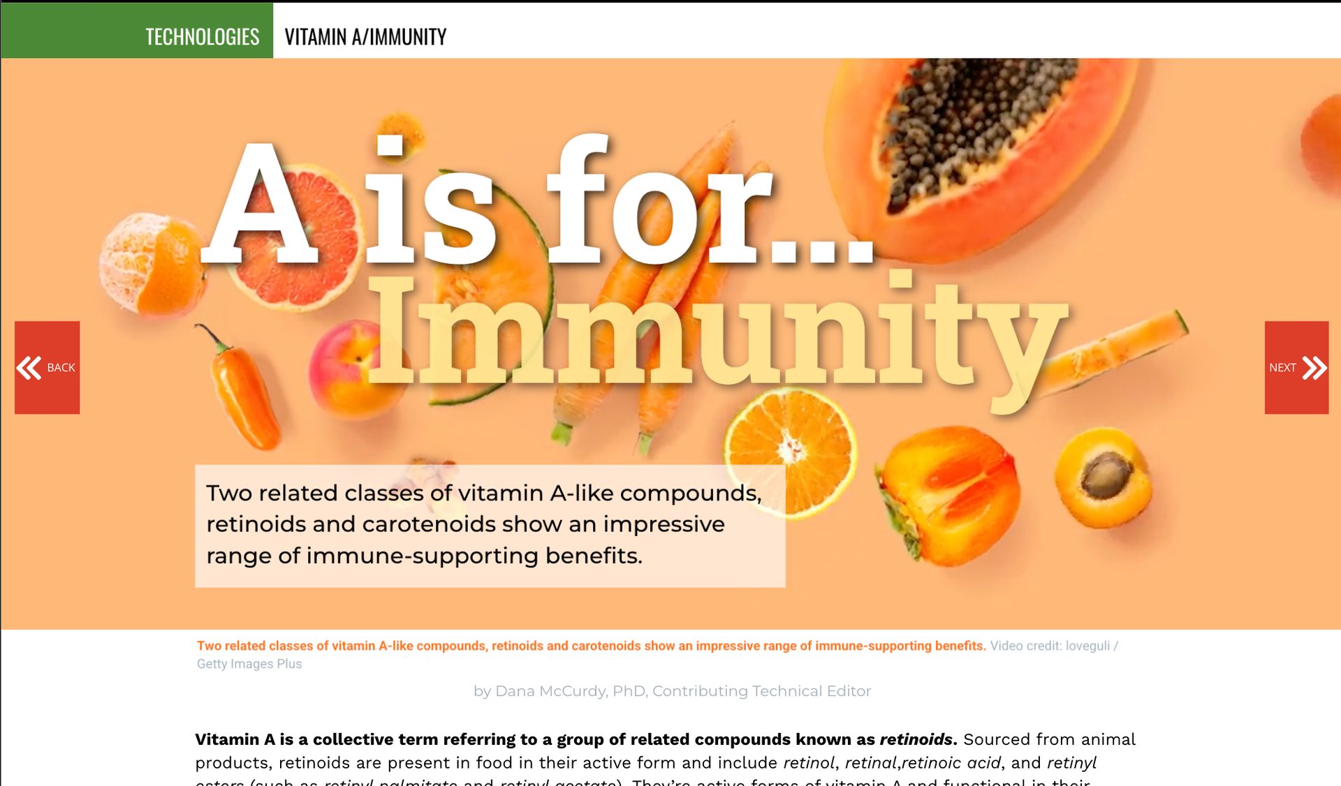 "A is for Immunity" text over a background of vitamin A rich fruits and vegetables.
