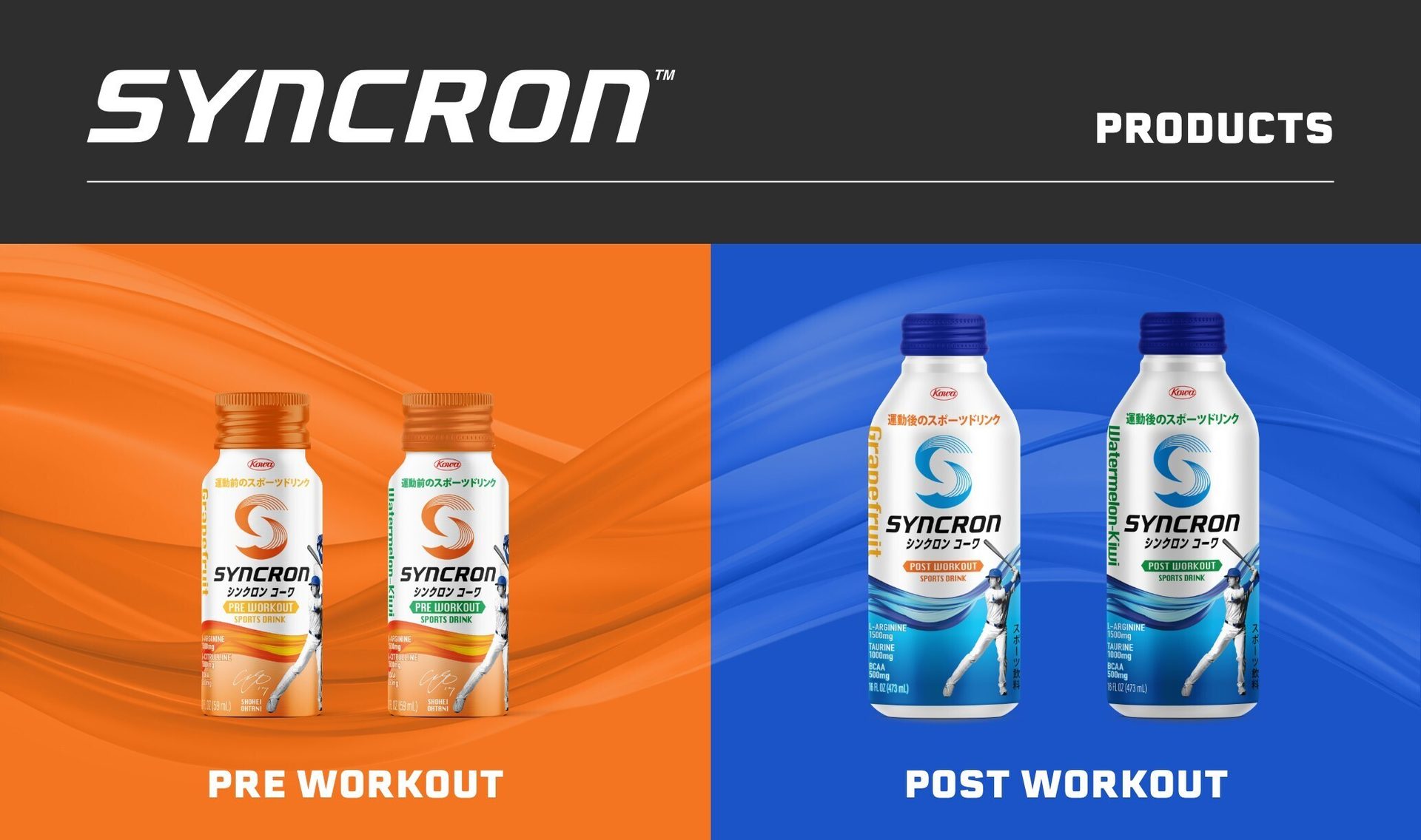 SYNCRON sports drinks: pre-workout (orange bottles) and post-workout (blue bottles).
