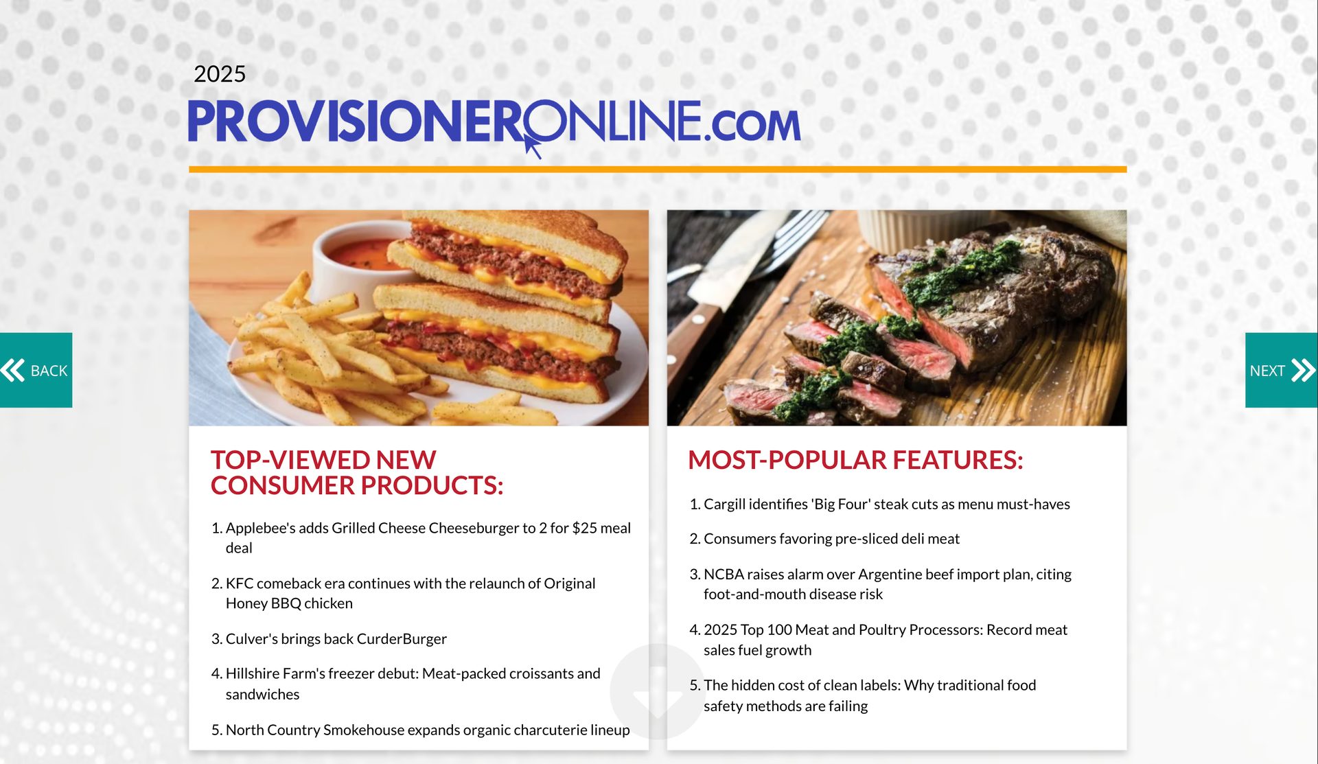 A Provisioneronline.com page listing top food products (cheeseburger) and popular features (sliced steak).