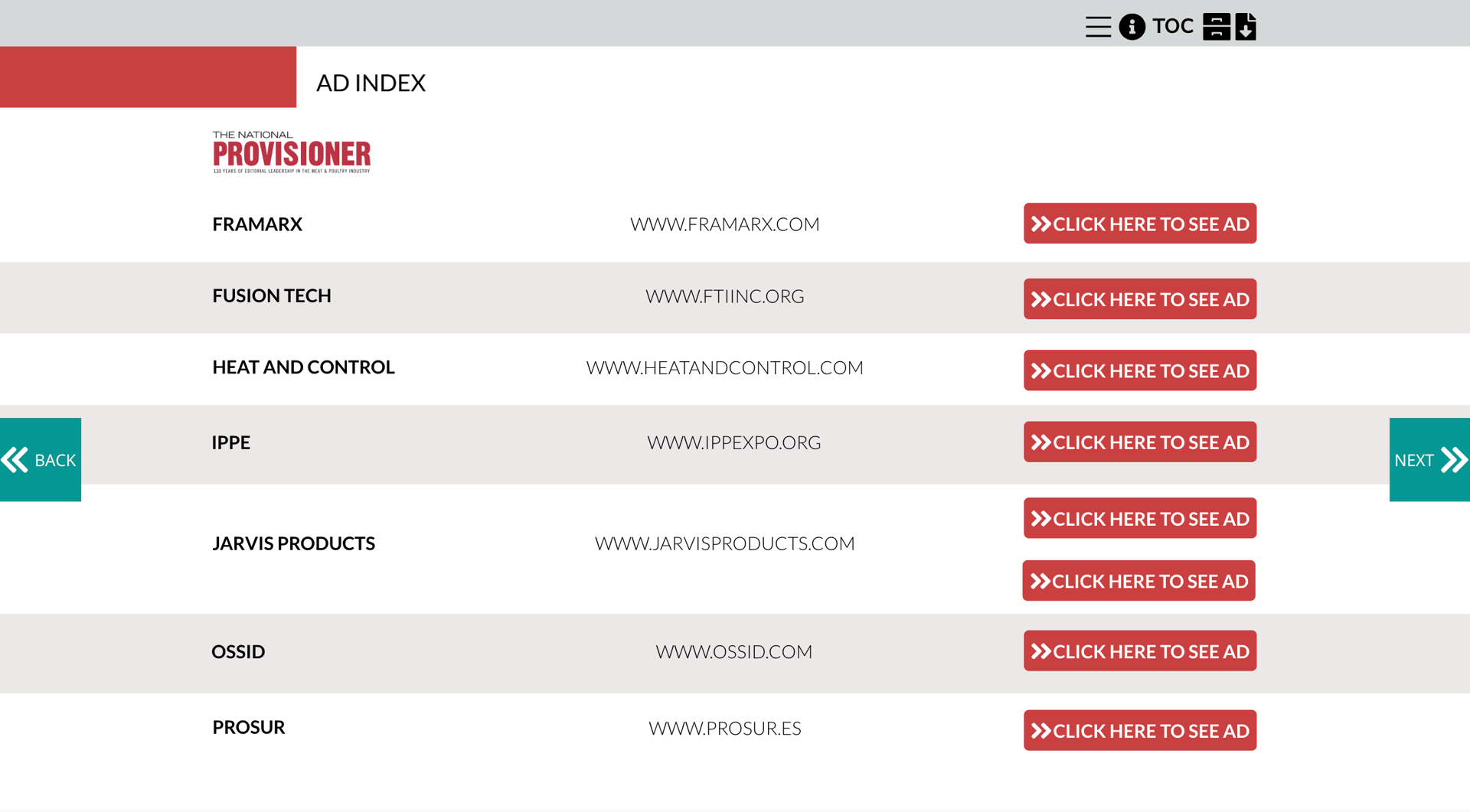 Ad Index page displaying company names, websites, and 'Click Here to See Ad' buttons for ads.