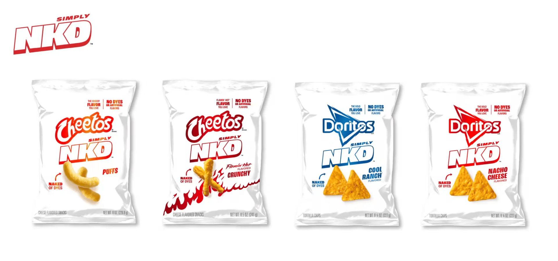 Simply NKD Cheetos (Puffs, Flamin' Hot) and Doritos (Cool Ranch, Nacho Cheese) snack bags.
