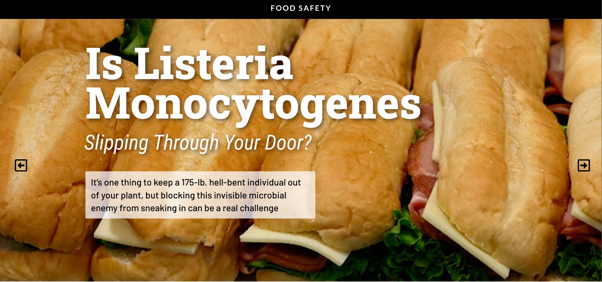 Food safety article: "Is Listeria Monocytogenes Slipping Through Your Door?" over deli sandwiches.