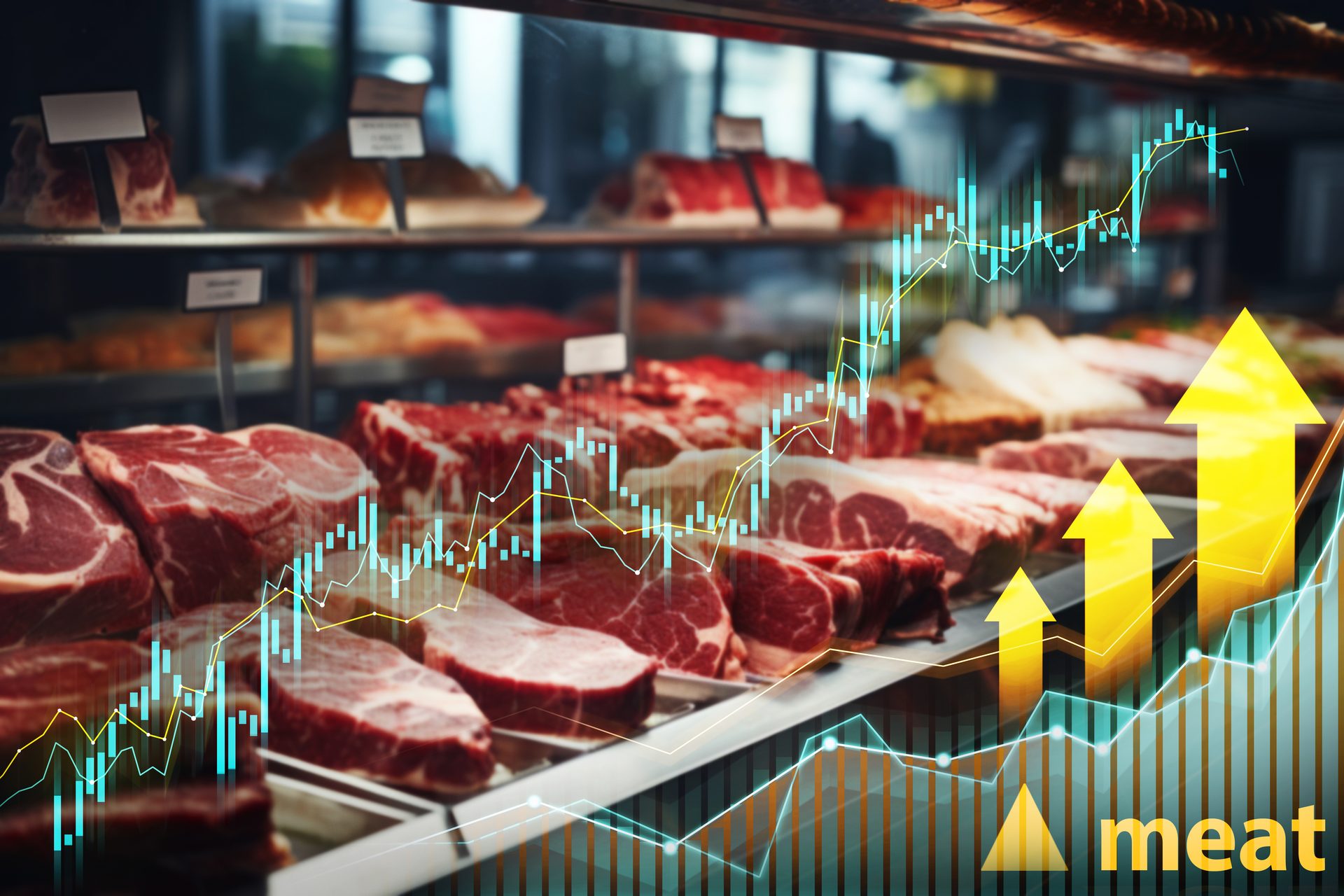 Meat counter with financial charts and upward arrows indicating rising meat prices.