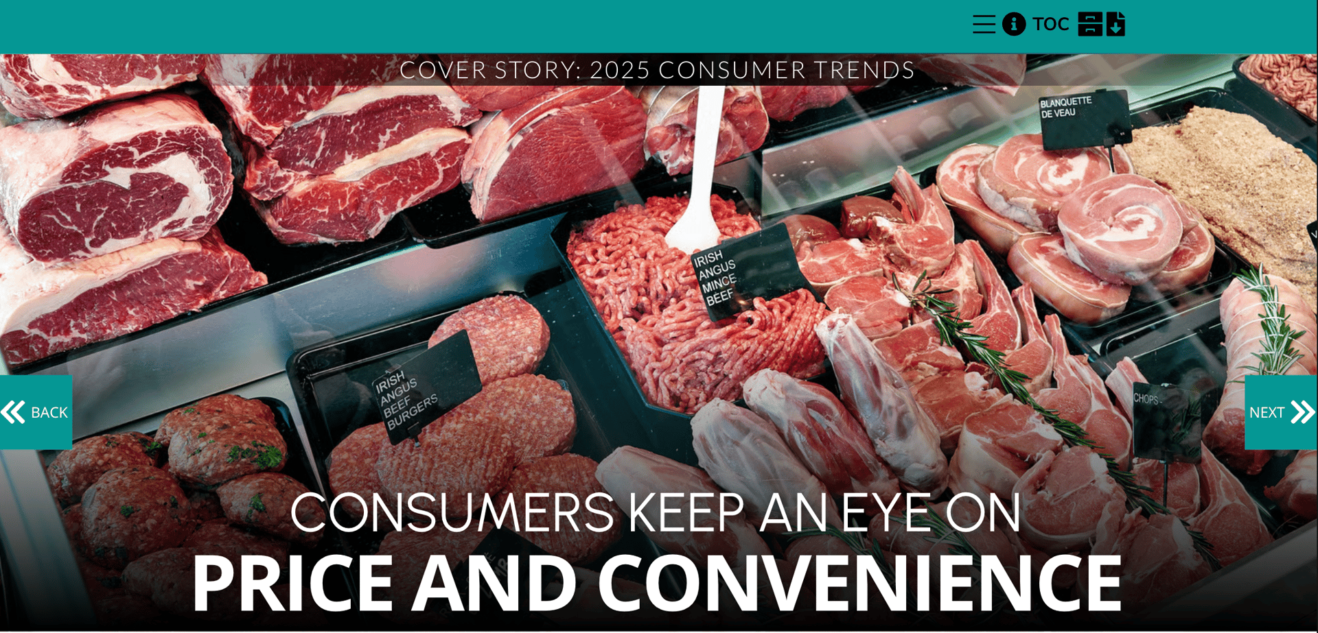 Display of raw meat cuts. Text: "Consumers Keep an Eye on Price and Convenience."