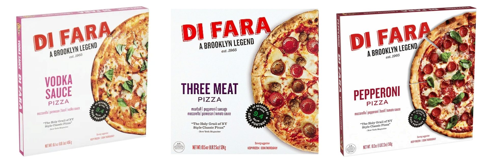 Three Di Fara frozen pizza boxes: Vodka Sauce, Three Meat, and Pepperoni.