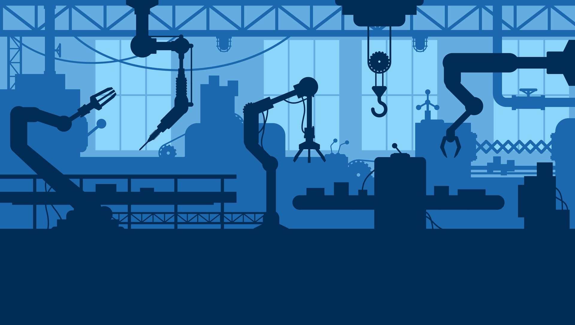 Silhouette of robotic arms and machinery in a blue industrial factory, depicting automation and manufacturing.