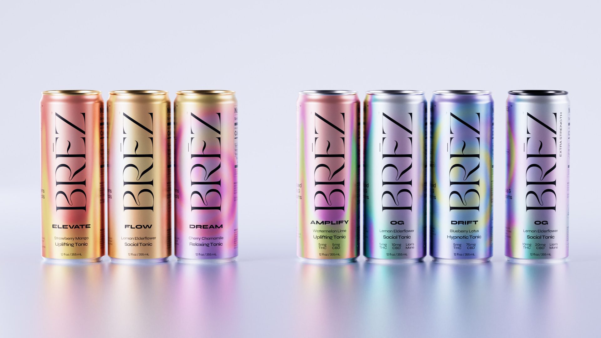 Seven iridescent BREZ beverage cans in two groups, featuring various flavors and functional ingredients.