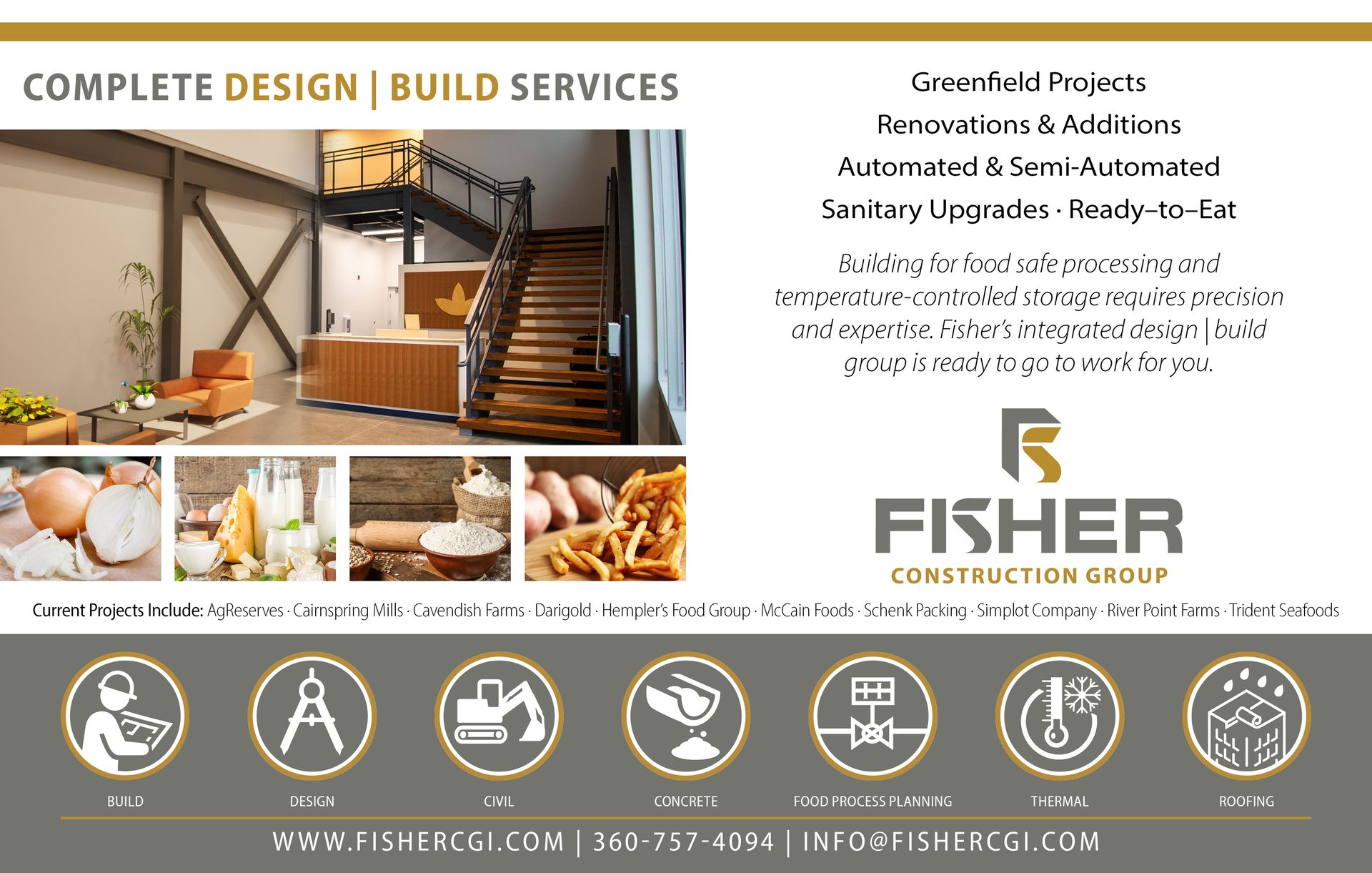 Ad for Fisher Construction Group: design, build, food processing, industrial projects, and contact info.