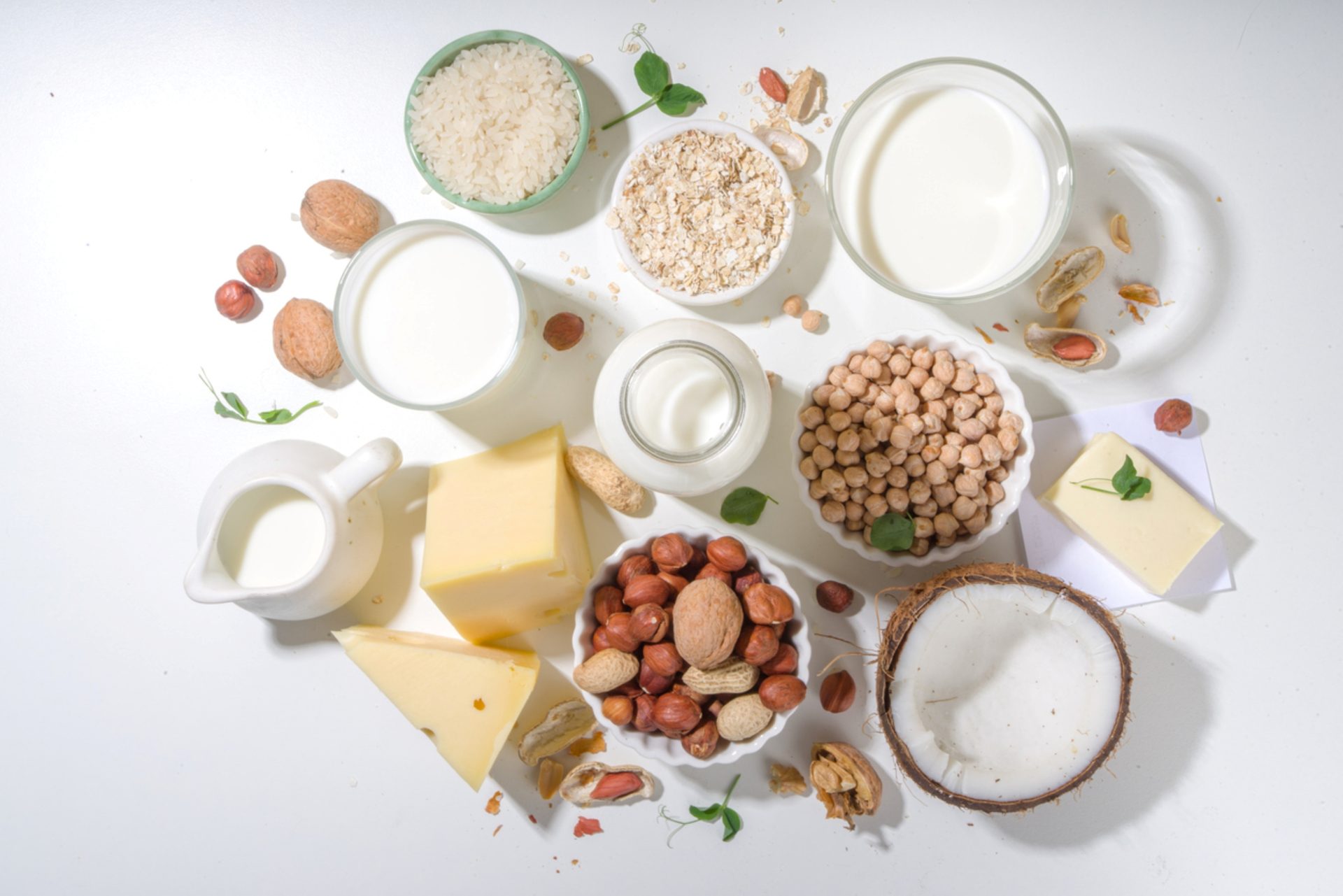 Ingredients for plant-based dairy: nuts, rice, oats, chickpeas, coconut, milk, and cheese.