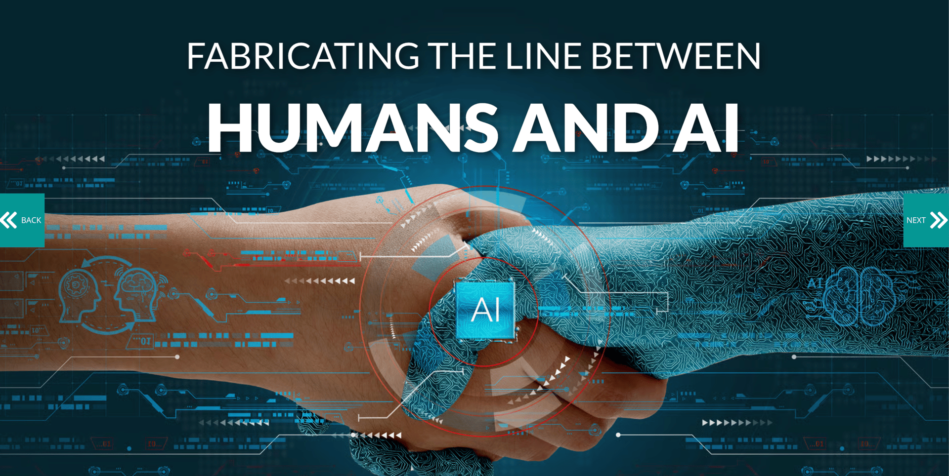 A handshake between human and AI hands, illustrating fabricating the line between them.