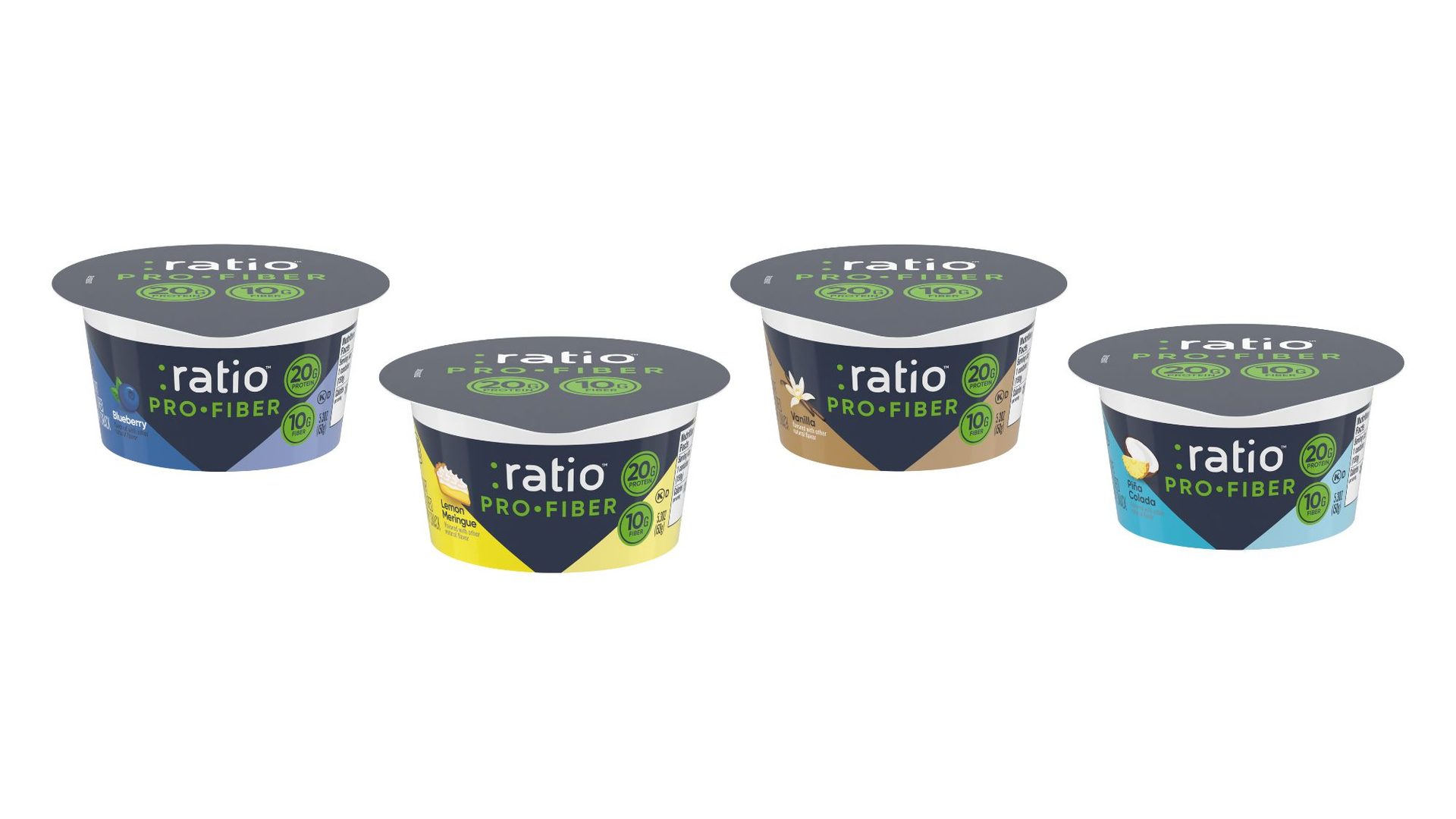Four :ratio PRO-FIBER yogurts: Blueberry, Lemon Meringue, Vanilla, Piña Colada. 20g protein/10g fiber.