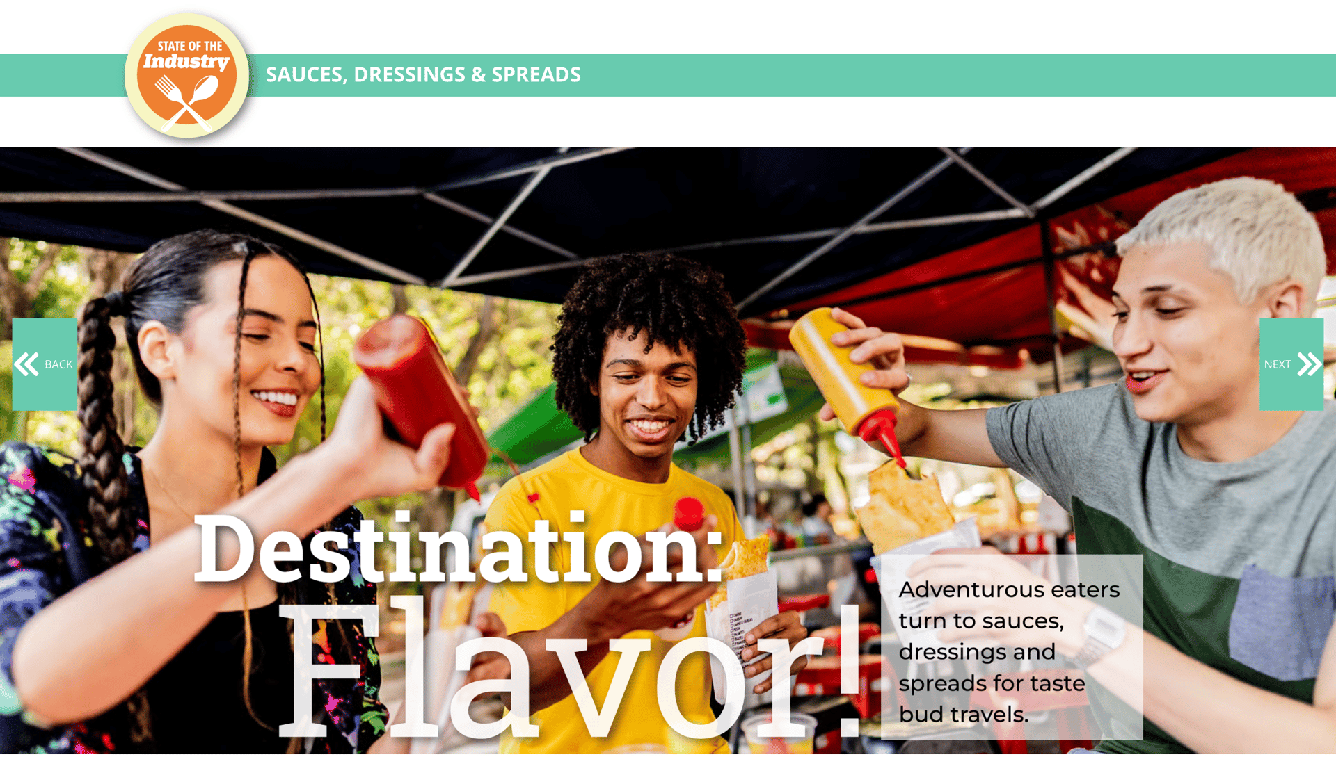 Three young people happily adding sauces to their food at an outdoor market stall.