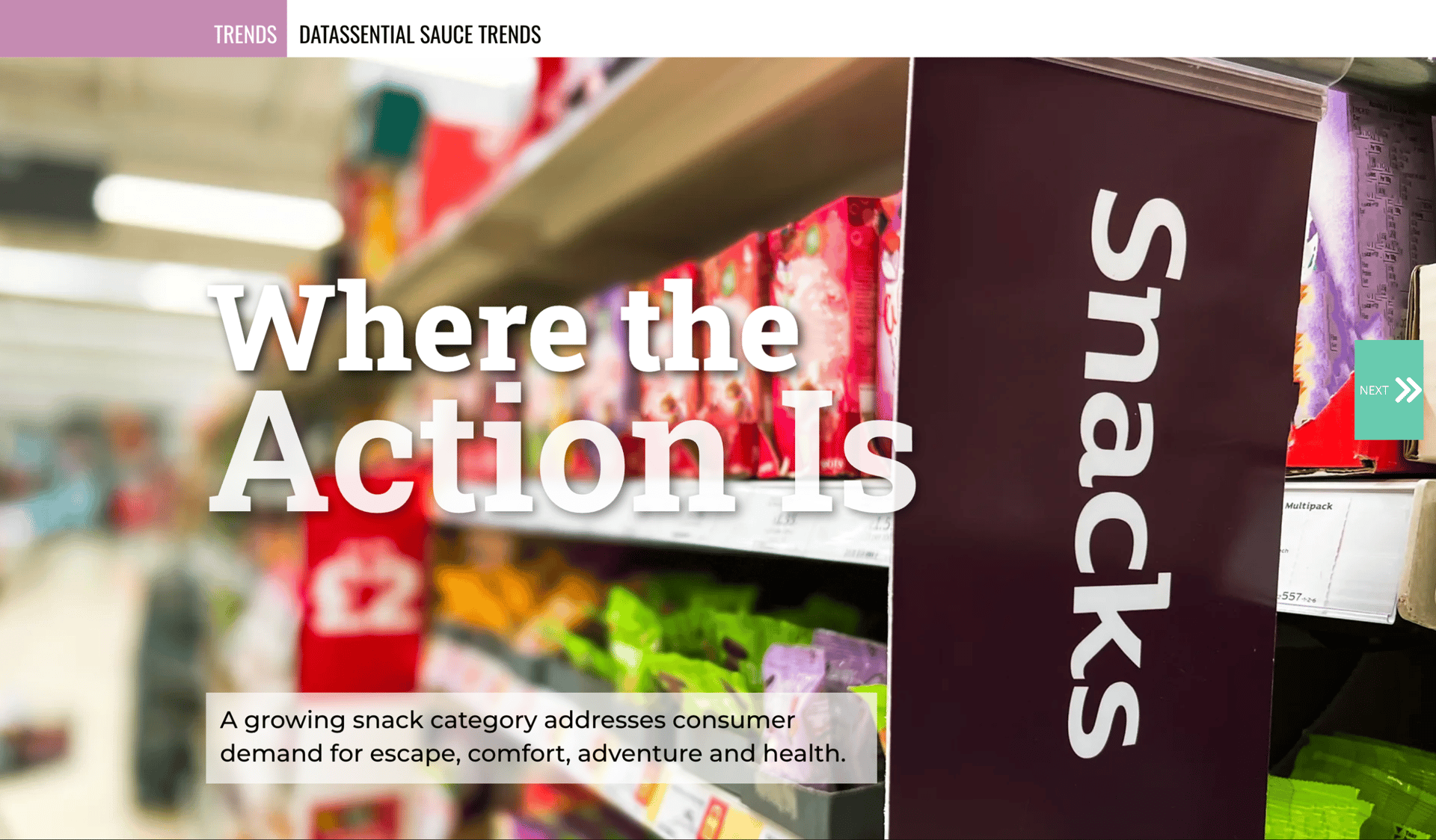 Grocery aisle with "Where the Action Is" and "Snacks" text, discussing snack trends.